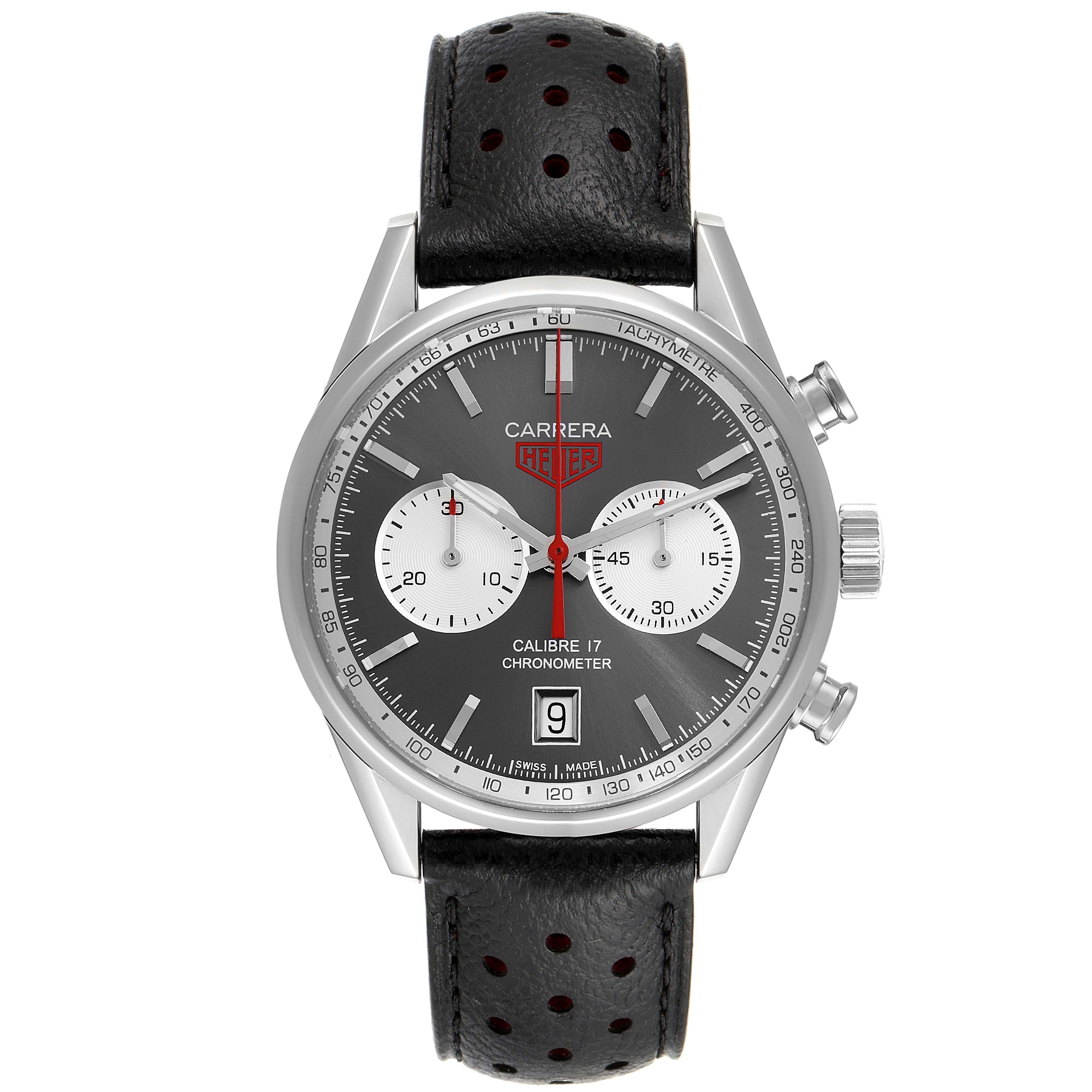 The image shows a front view of the Tag Heuer Carrera CV5110.FC6310 Men's Stainless Steel Grey Dial CV5110.FC6310 Men's Stainless Steel Grey Dial Calibre 17 Chronometer watch with a black leather strap and a grey dial.