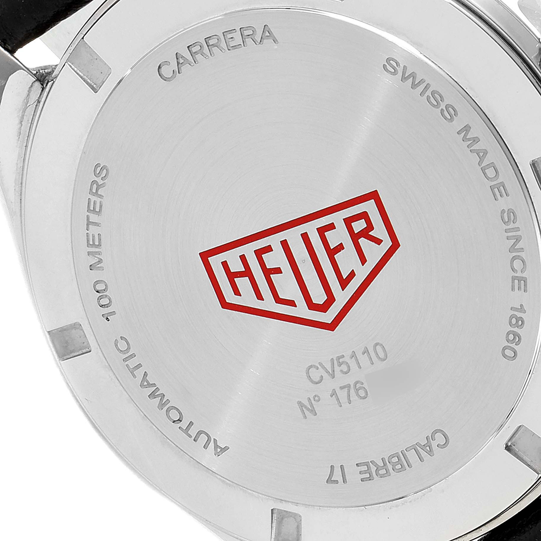 This image shows the case back of a Tag Heuer Carrera CV5110.FC6310 Men's Stainless Steel Grey Dial CV5110.FC6310 Men's Stainless Steel Grey Dial watch model CV5110, featuring branding and specifications.