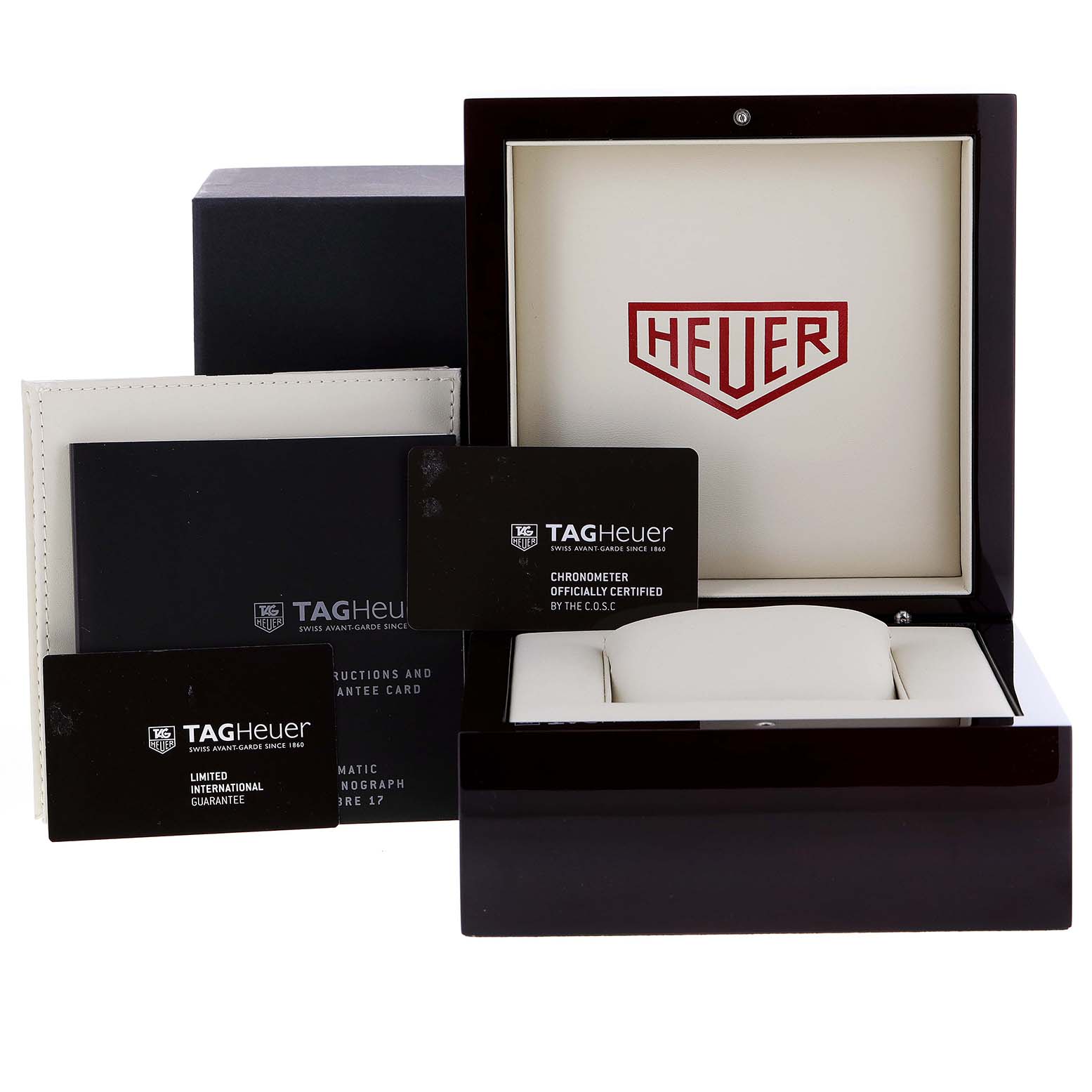 The image shows the presentation box, guarantee cards, and documentation for the Tag Heuer Carrera CV5110.FC6310 Men's Stainless Steel Grey Dial CV5110.FC6310 Men's Stainless Steel Grey Dial model watch.