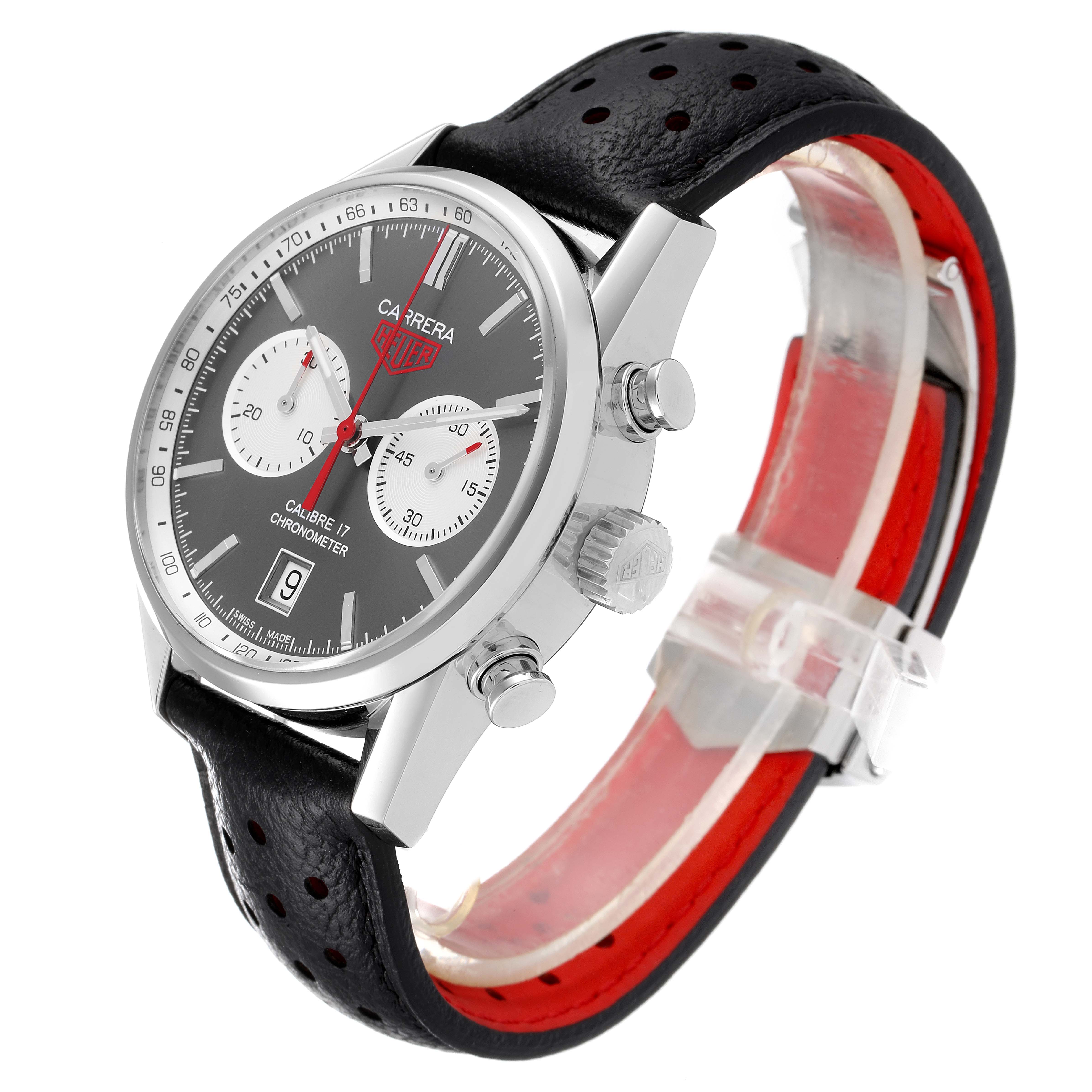 The image shows a side-angle view of the Tag Heuer Carrera CV5110.FC6310 Men's Stainless Steel Grey Dial CV5110.FC6310 Men's Stainless Steel Grey Dial watch with its dial, crown, chronograph buttons, and leather strap visible.