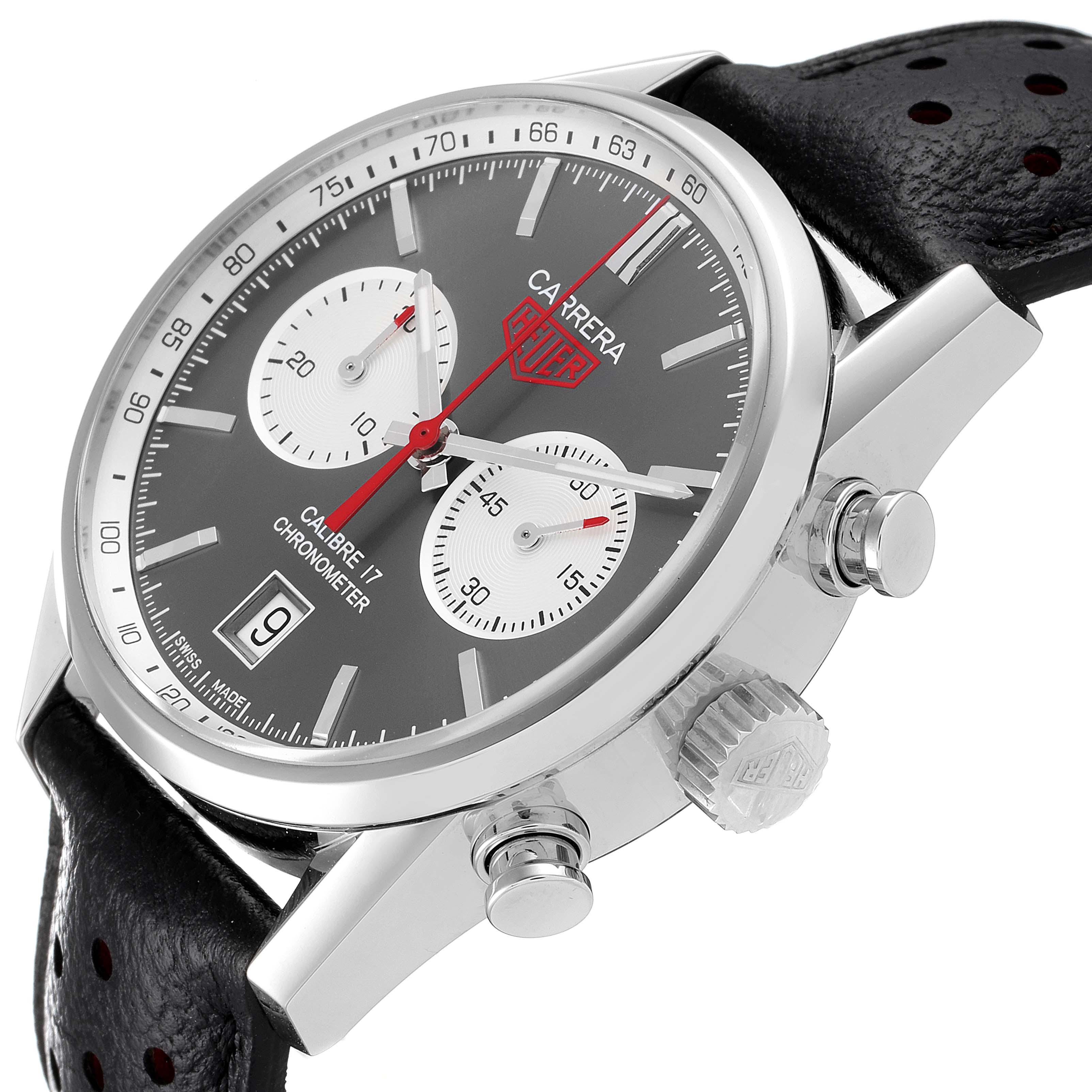 The image shows a side angle of the Tag Heuer Carrera CV5110.FC6310 Men's Stainless Steel Grey Dial CV5110.FC6310 Men's Stainless Steel Grey Dial watch, highlighting the dial, crown, pushers, and leather strap.