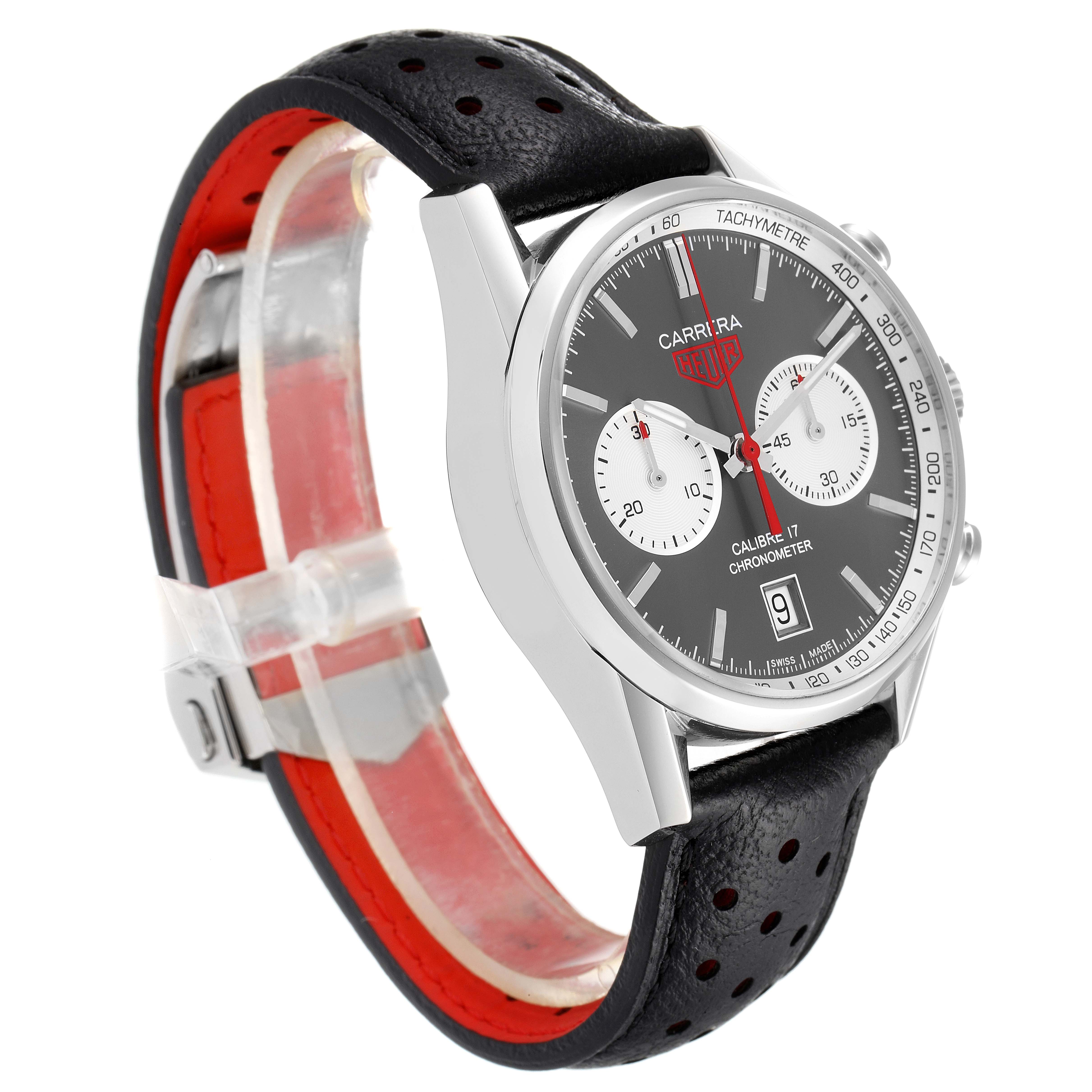 The image shows a Tag Heuer Carrera CV5110.FC6310 Men's Stainless Steel Grey Dial CV5110.FC6310 Men's Stainless Steel Grey Dial watch at a three-quarter angle, highlighting its dial, case, and black leather strap with a red interior.