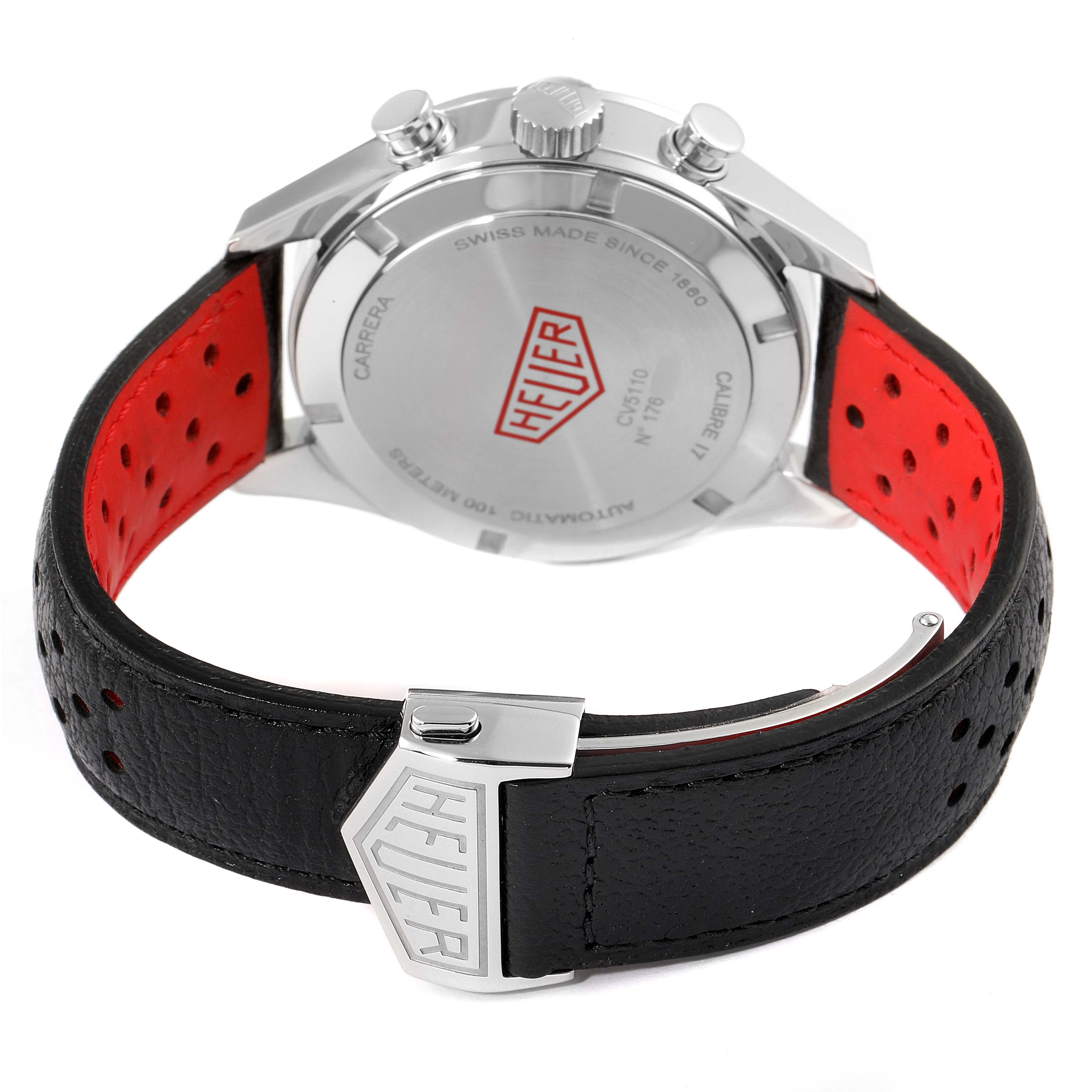 The image shows the back view of a Tag Heuer Carrera CV5110.FC6310 Men's Stainless Steel Grey Dial CV5110.FC6310 Men's Stainless Steel Grey Dial watch, displaying the case back and the leather strap with the Heuer logo on the clasp.