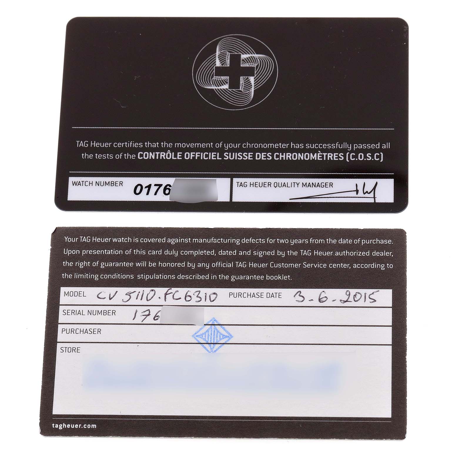 The image shows the warranty and certification cards for the Tag Heuer Carrera CV5110.FC6310 Men's Stainless Steel Grey Dial CV5110.FC6310 Men's Stainless Steel Grey Dial model CV5110.FC6310 watch.