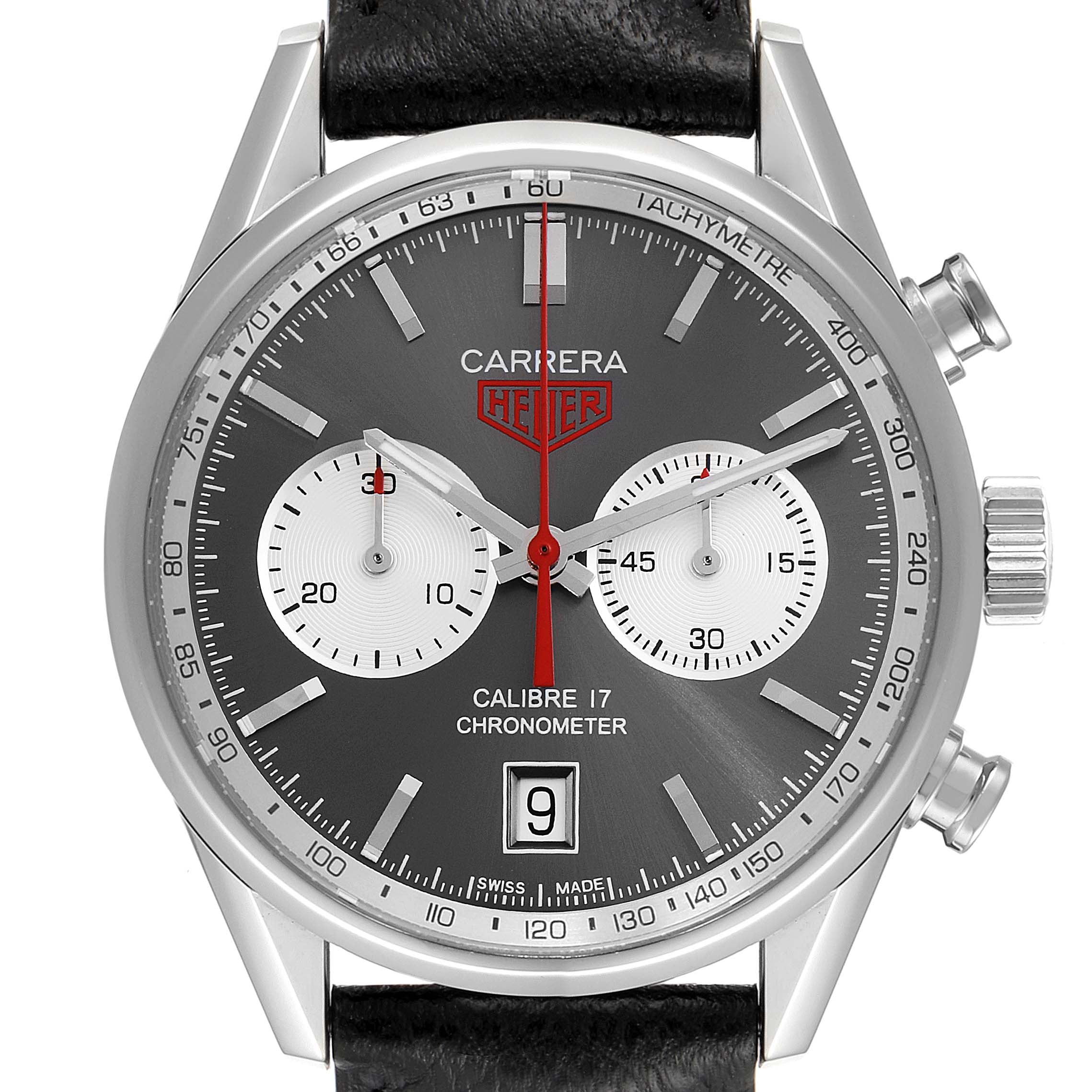The image shows a front angle of the Tag Heuer Carrera CV5110.FC6310 Men's Stainless Steel Grey Dial CV5110.FC6310 Men's Stainless Steel Grey Dial watch displaying its round dial, chronometer, tachymeter, and date window.