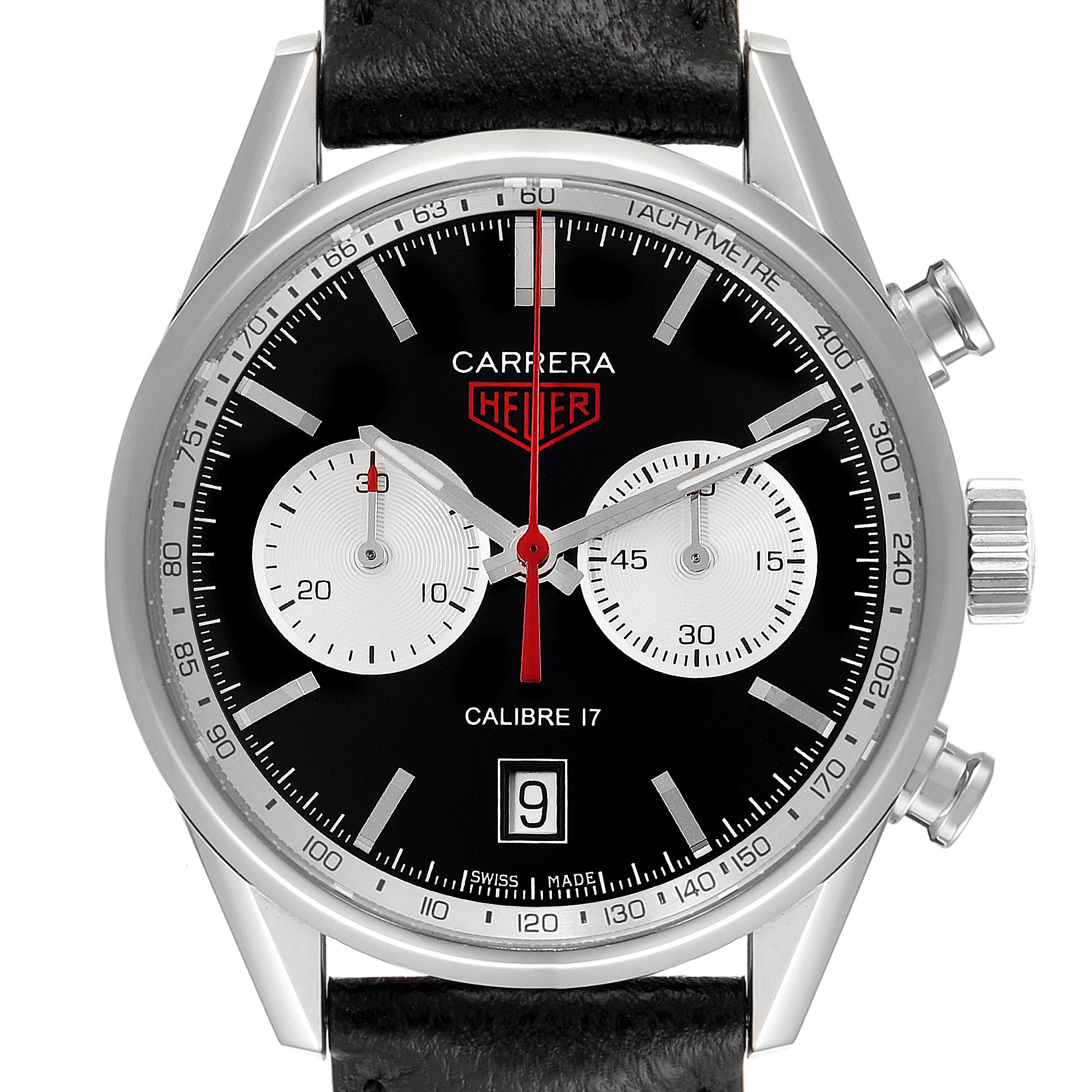 The Tag Heuer Carrera CV211D Men
s Stainless Steel Black Dial CV211D Men
s Stainless Steel Black Dial watch is shown at a straight-on angle, highlighting the dial, subdials, crown, and pushers.