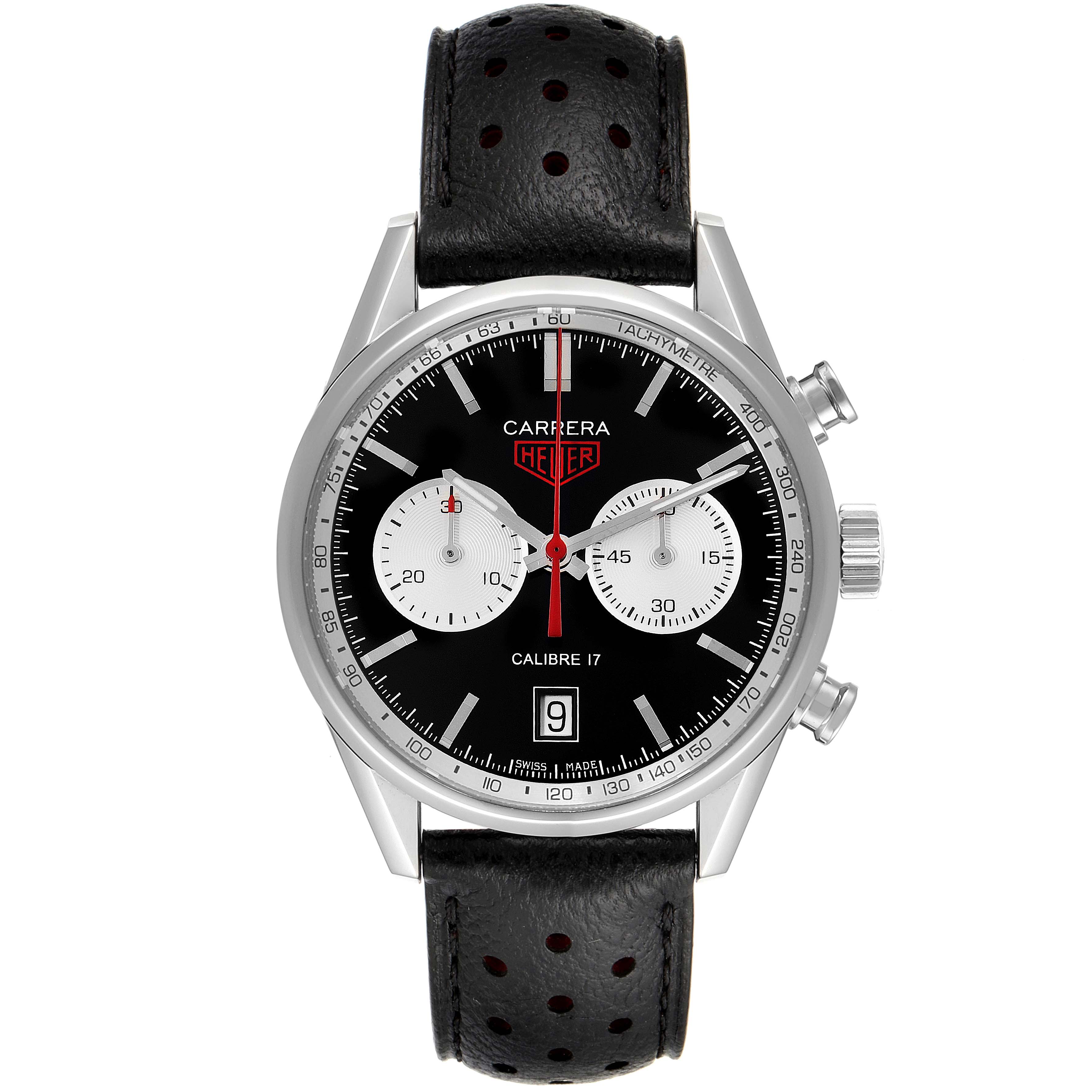 This is a front view of a Tag Heuer Carrera CV211D Men
s Stainless Steel Black Dial CV211D Men
s Stainless Steel Black Dial watch, showing the dial, chronograph subdials, date window, and black leather strap.