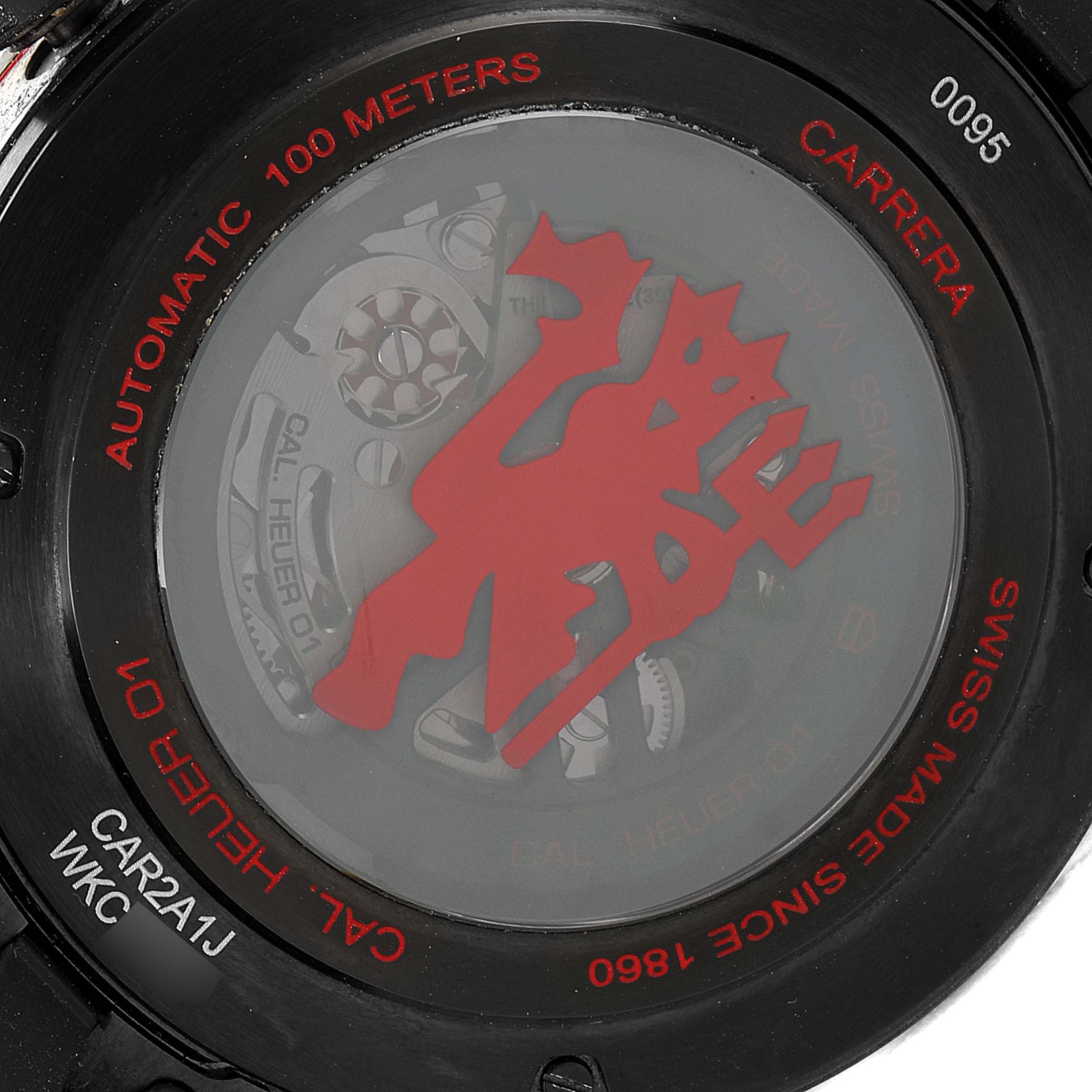 The image shows the back case of a Tag Heuer Carrera CAR2A1J.FC6400 Men's Stainless Steel Transparent Dial CAR2A1J.FC6400 Men's Stainless Steel Transparent Dial model watch, displaying its automatic movement and water resistance.