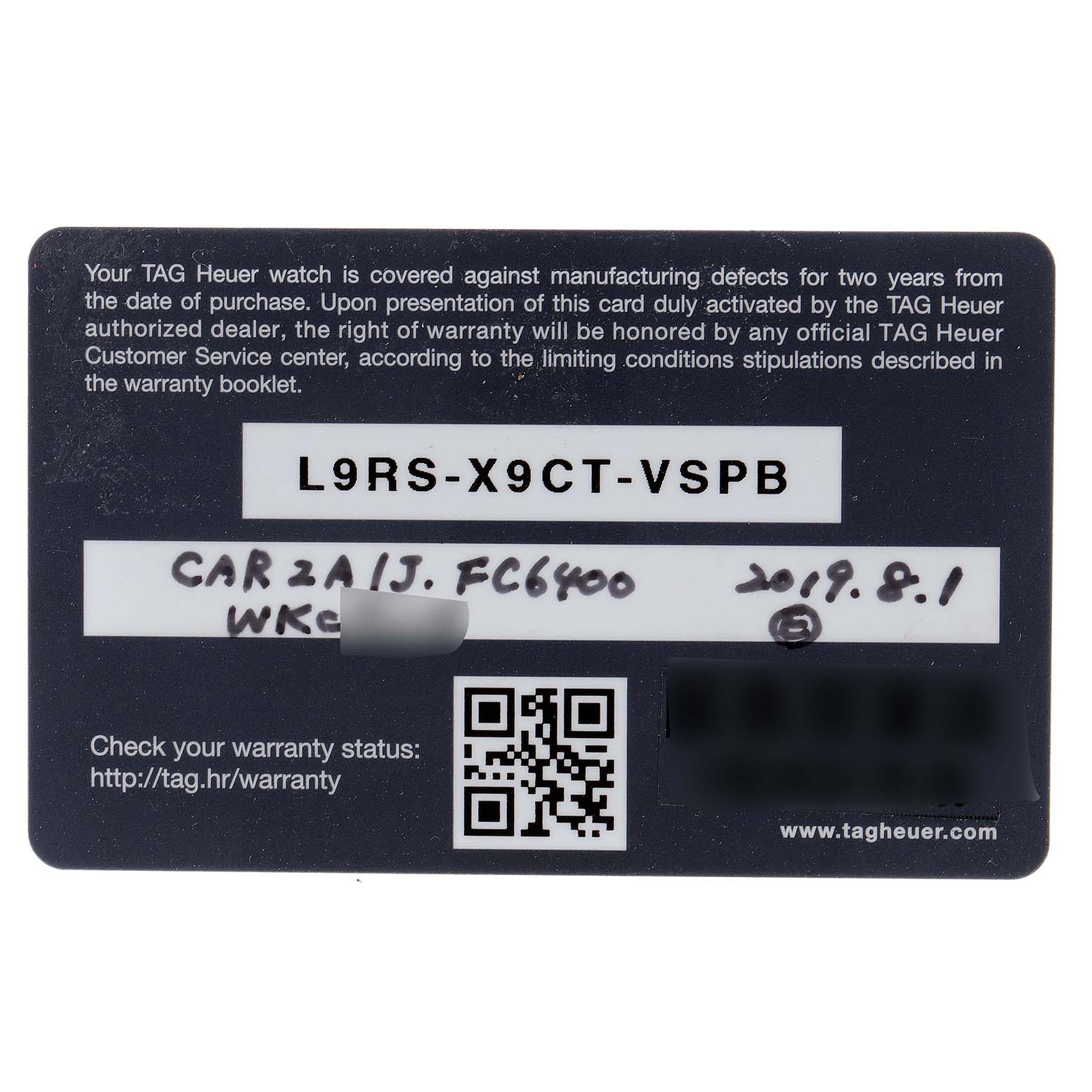 This image shows the warranty card for the Tag Heuer Carrera CAR2A1J.FC6400 Men's Stainless Steel Transparent Dial CAR2A1J.FC6400 Men's Stainless Steel Transparent Dial model watch.