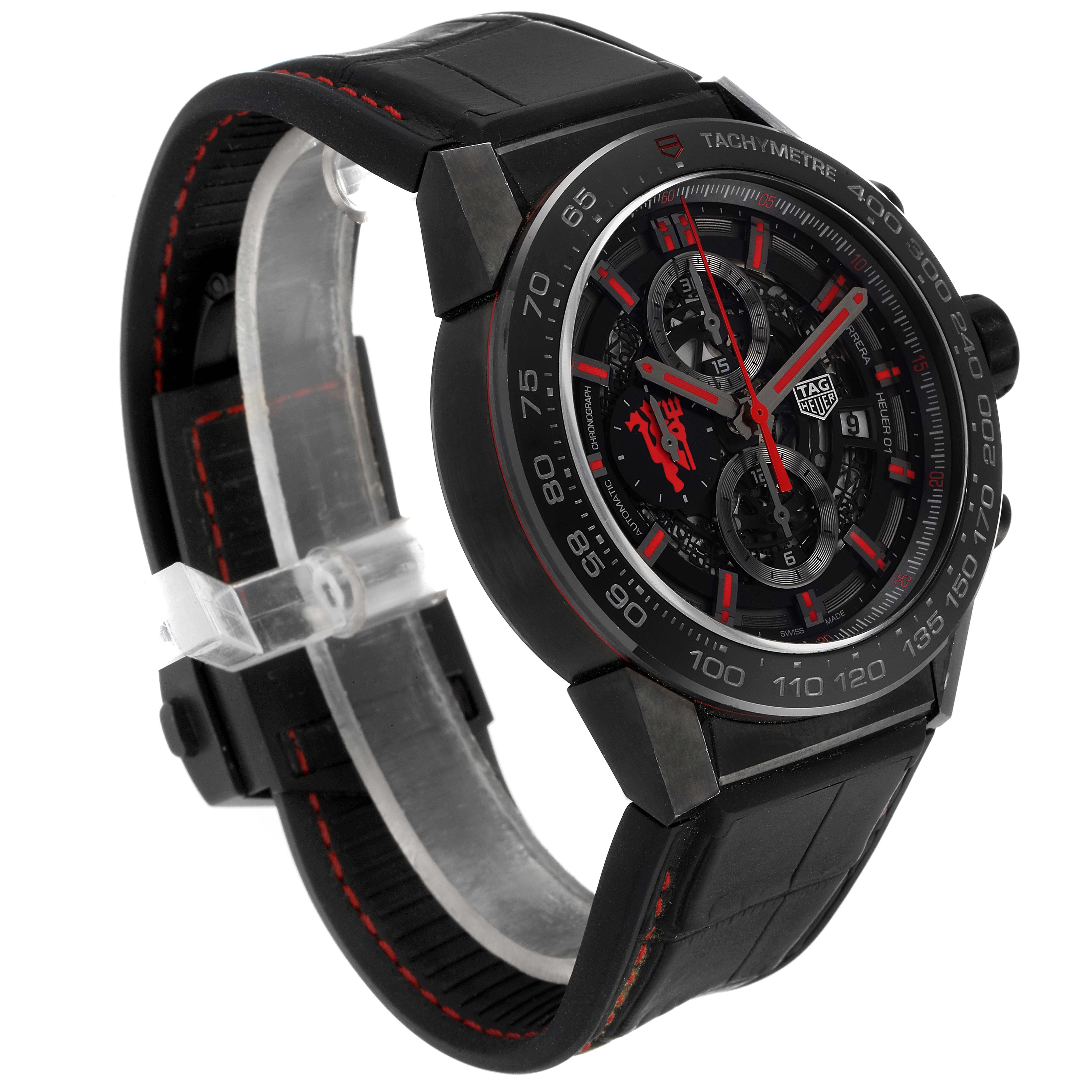 The Tag Heuer Carrera CAR2A1J.FC6400 Men's Stainless Steel Transparent Dial CAR2A1J.FC6400 Men's Stainless Steel Transparent Dial watch is shown from a three-quarter angle, highlighting the face, straps, and tachymeter bezel.