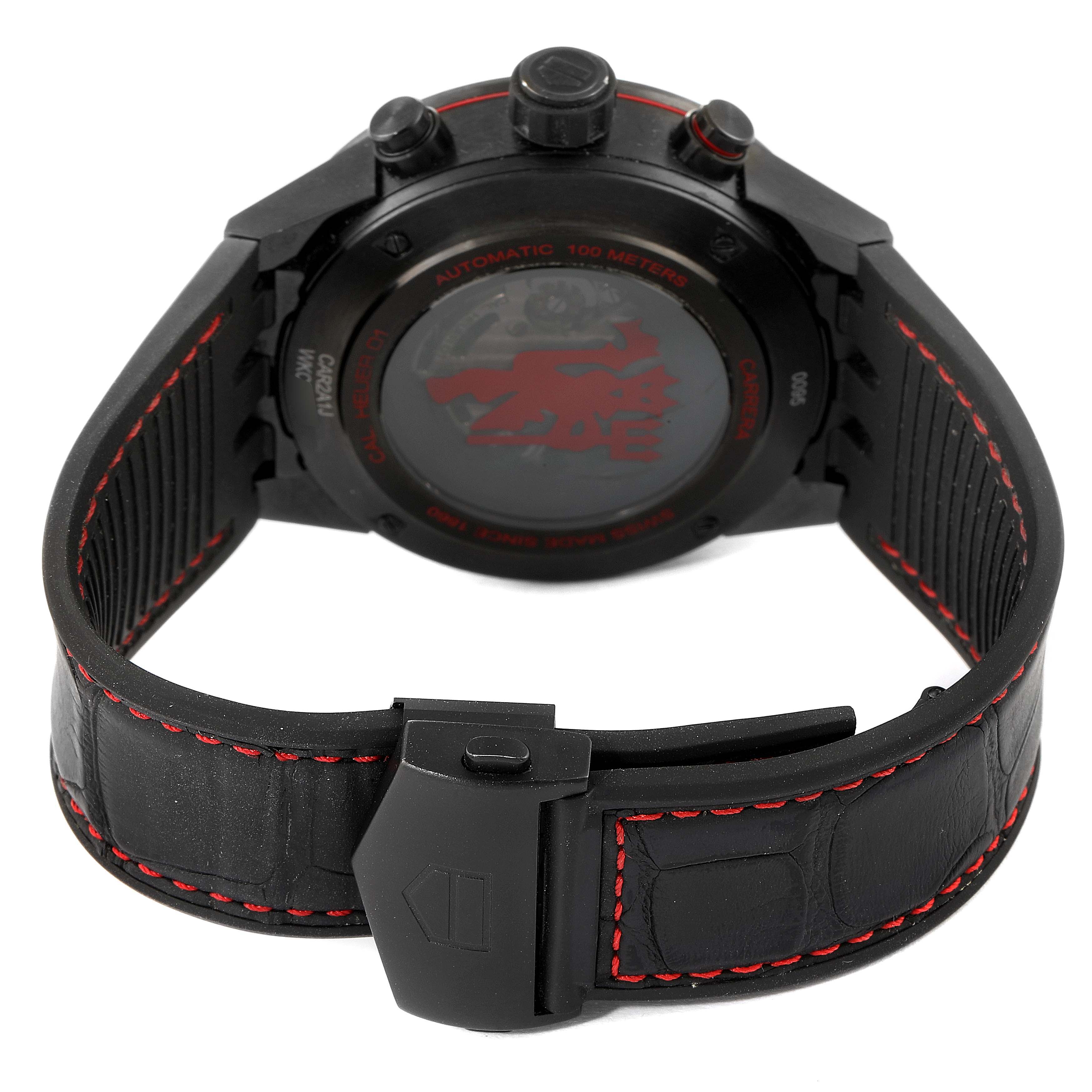 The image shows the back view of a Tag Heuer Carrera CAR2A1J.FC6400 Men's Stainless Steel Transparent Dial CAR2A1J.FC6400 Men's Stainless Steel Transparent Dial watch, focusing on the case back and leather strap with red stitching.