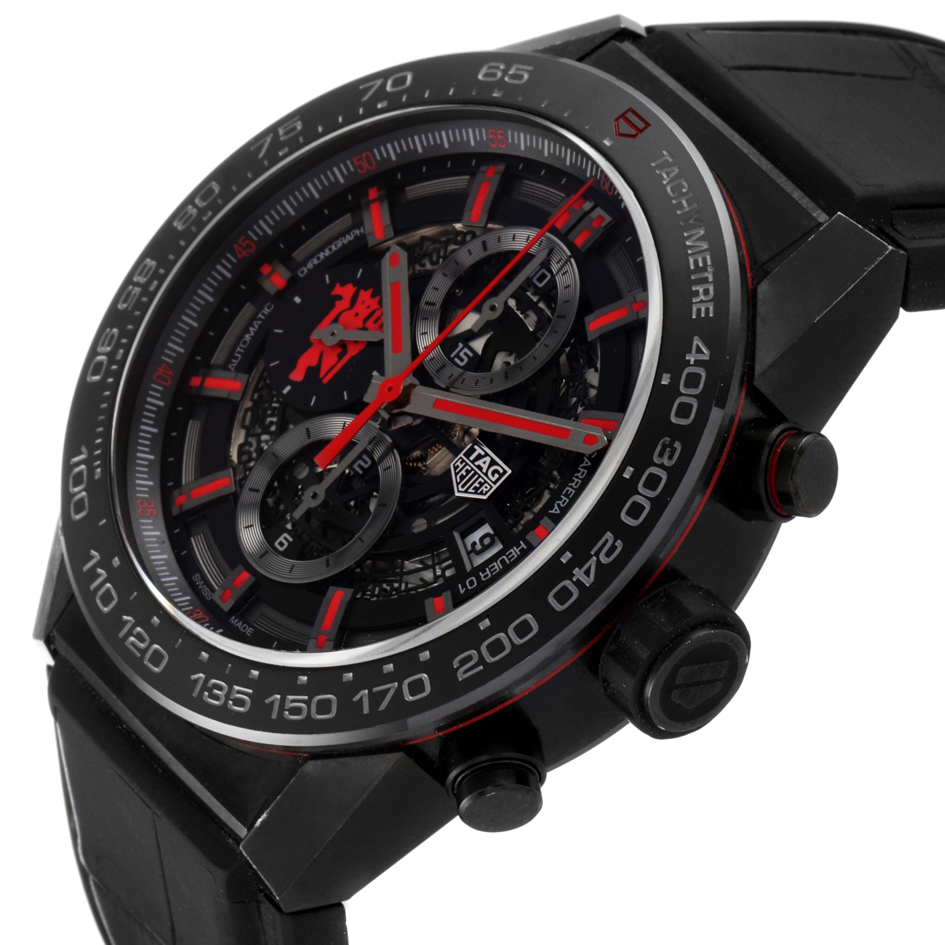 The Tag Heuer Carrera CAR2A1J.FC6400 Men's Stainless Steel Transparent Dial CAR2A1J.FC6400 Men's Stainless Steel Transparent Dial watch is shown from an angled side view, capturing its face, bezel, and part of the strap.