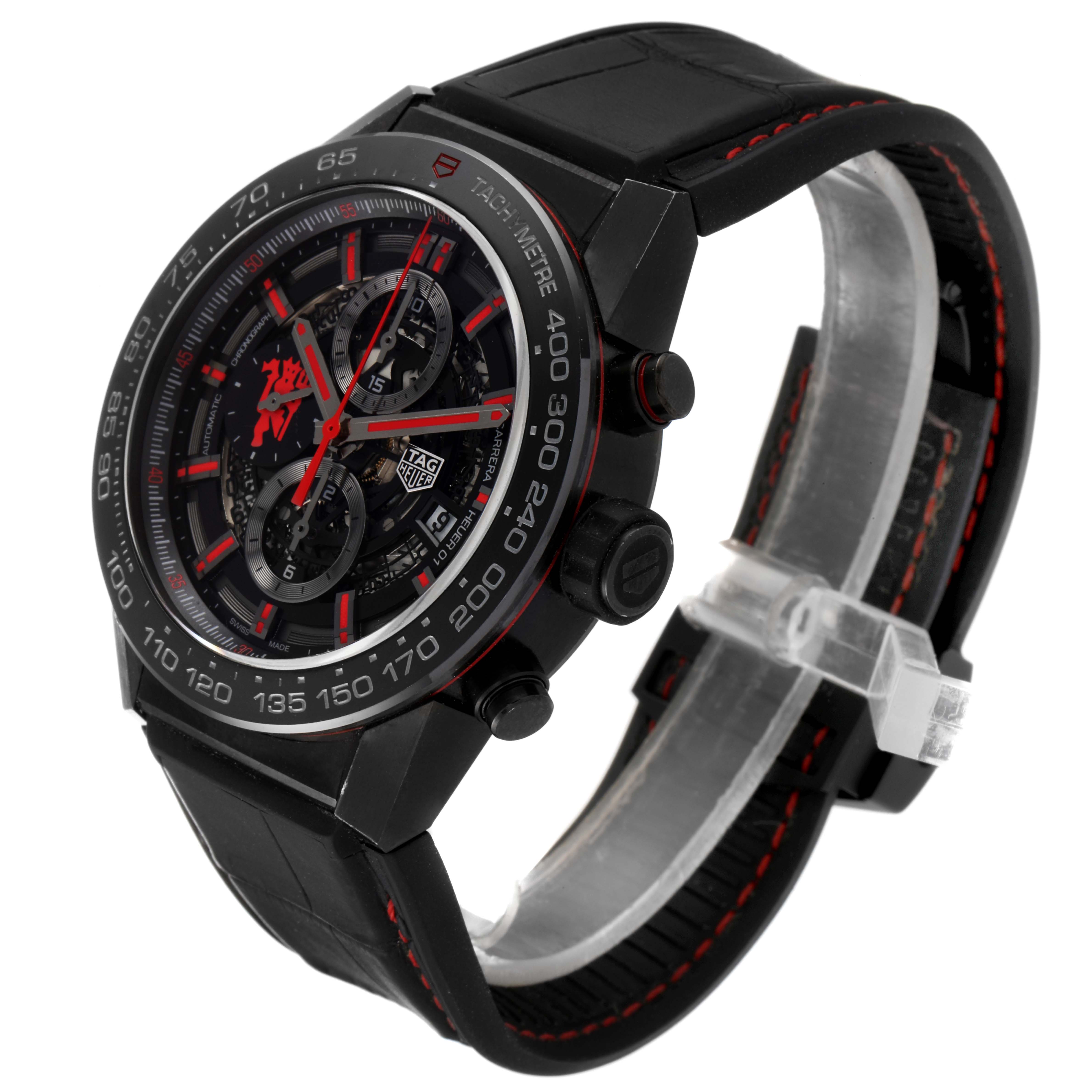 The image shows a side angle view of the Tag Heuer Carrera CAR2A1J.FC6400 Men's Stainless Steel Transparent Dial CAR2A1J.FC6400 Men's Stainless Steel Transparent Dial watch, highlighting the face, bezel, and rubber strap.