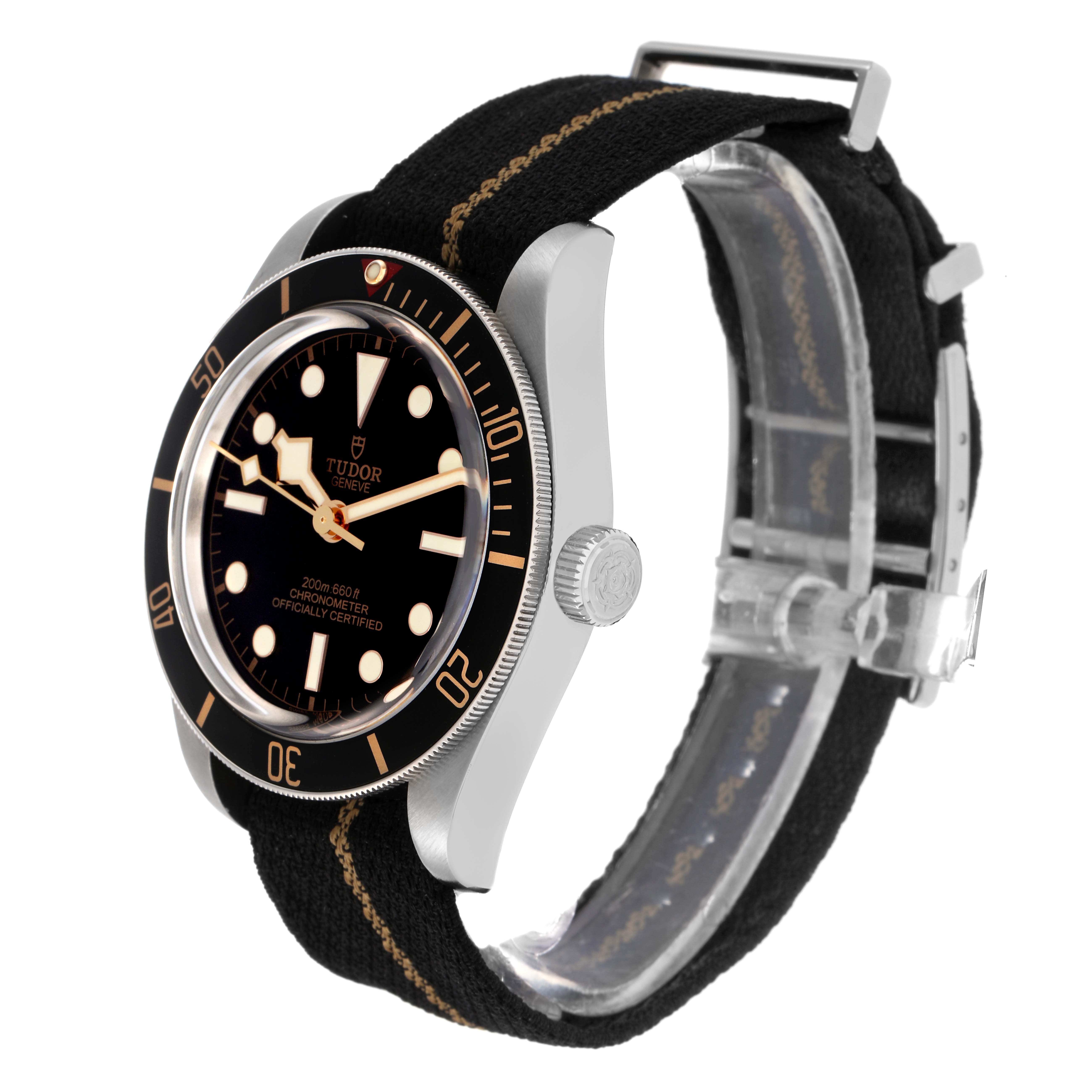 The Tudor Heritage Black Bay 79030 Men
s Stainless Steel Black Dial 79030 Men
s Stainless Steel Black Dial watch is shown at a three-quarter angle, highlighting the face, bezel, crown, and strap.