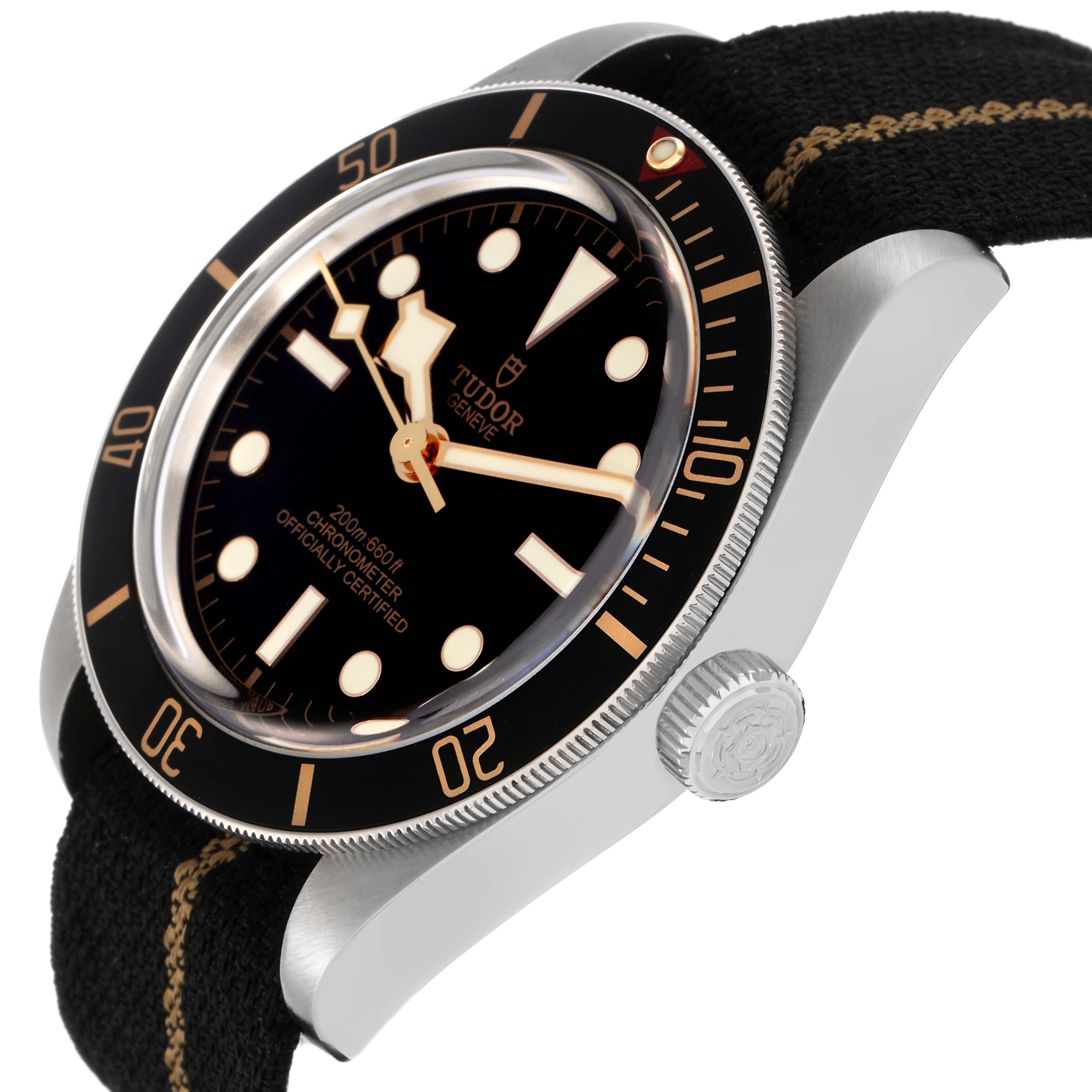 The Tudor Heritage Black Bay 79030 Men
s Stainless Steel Black Dial 79030 Men
s Stainless Steel Black Dial watch is shown at an angled side view, displaying the bezel, dial, crown, and part of the strap.