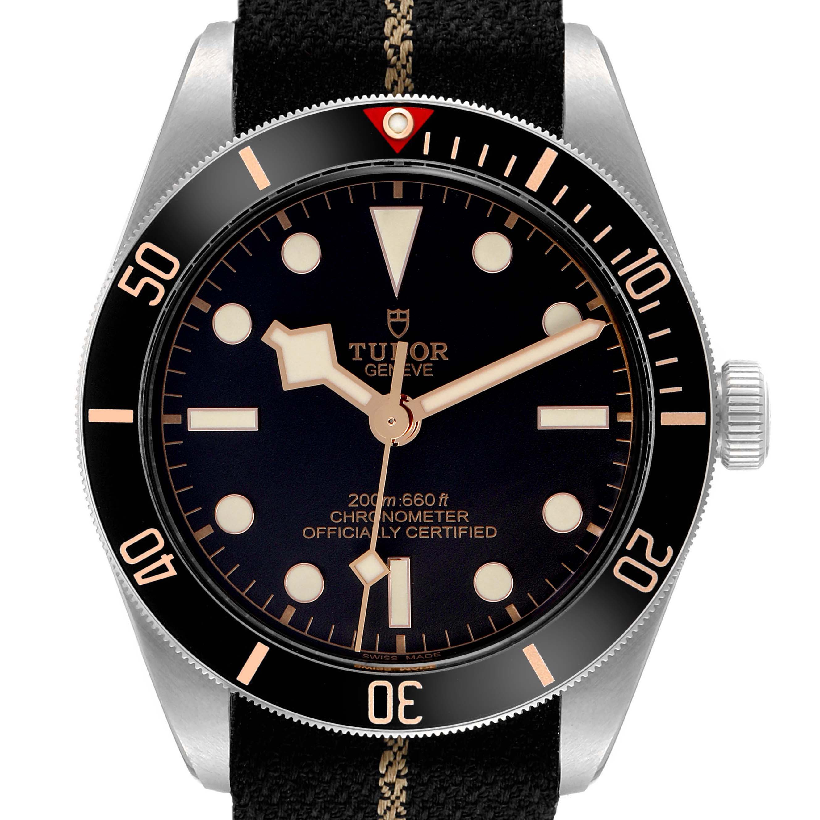 The Tudor Heritage Black Bay 79030 Men
s Stainless Steel Black Dial 79030 Men
s Stainless Steel Black Dial watch is shown from the front, highlighting its bezel, dial, and crown.