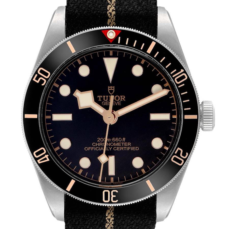 The Tudor Heritage Black Bay watch is shown from the front, highlighting its bezel, dial, and crown.