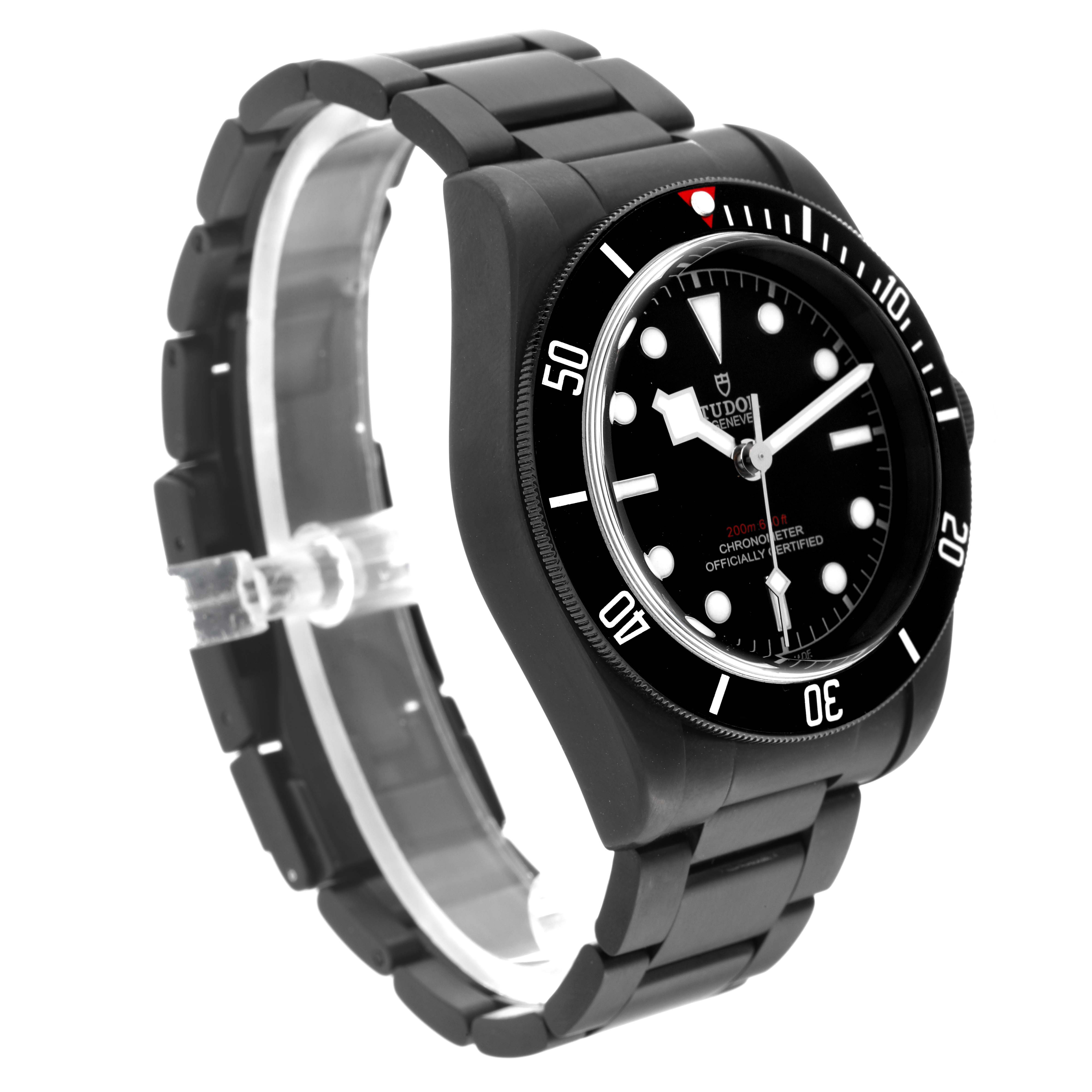 This Tudor Heritage Black Bay 79230DK Men's Stainless Steel Black Dial 79230DK Men's Stainless Steel Black Dial watch is shown at a front-side angle, highlighting its black dial, bezel, and bracelet.
