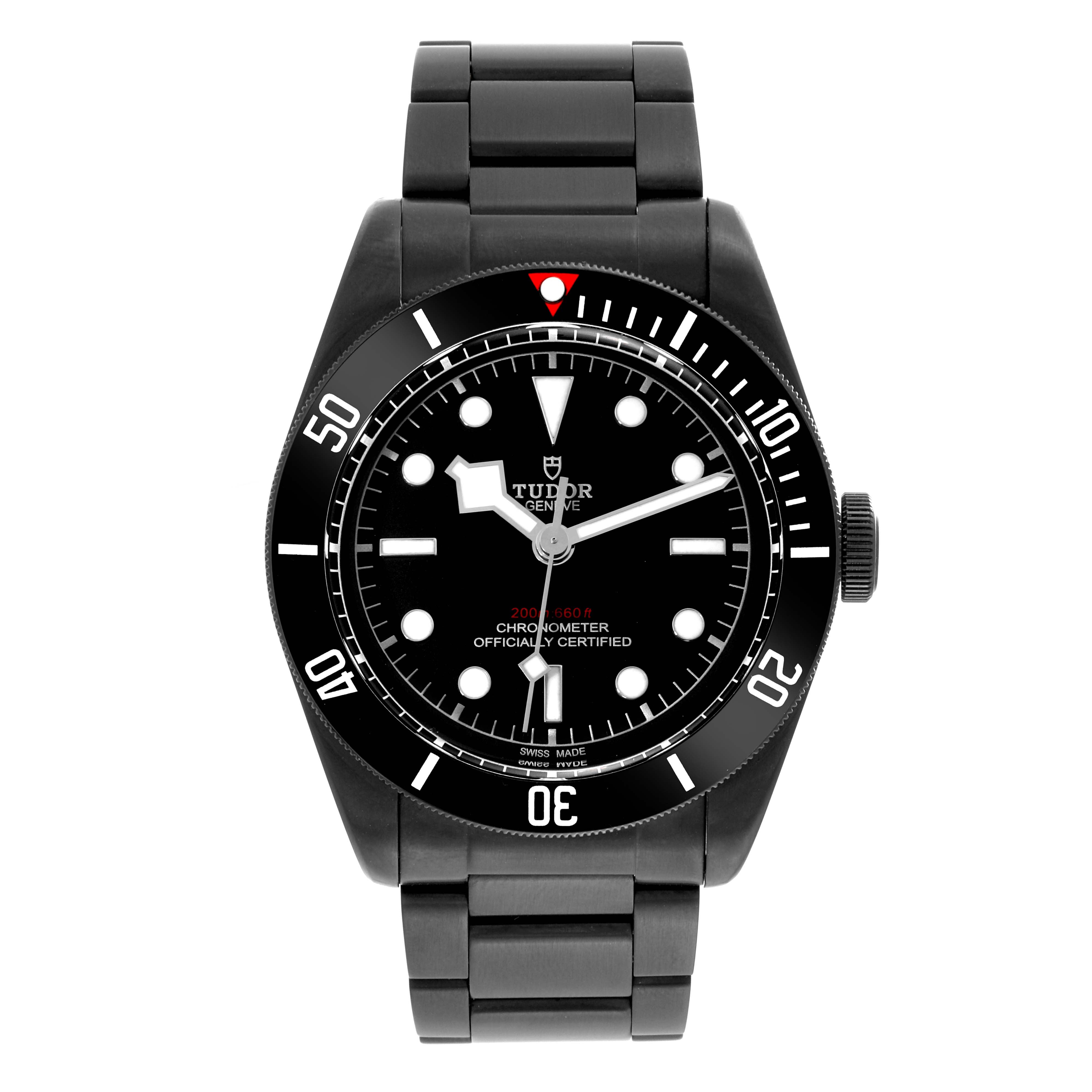 The image shows a front view of the Tudor Heritage Black Bay 79230DK Men's Stainless Steel Black Dial 79230DK Men's Stainless Steel Black Dial watch, displaying the black dial, bezel, and bracelet.