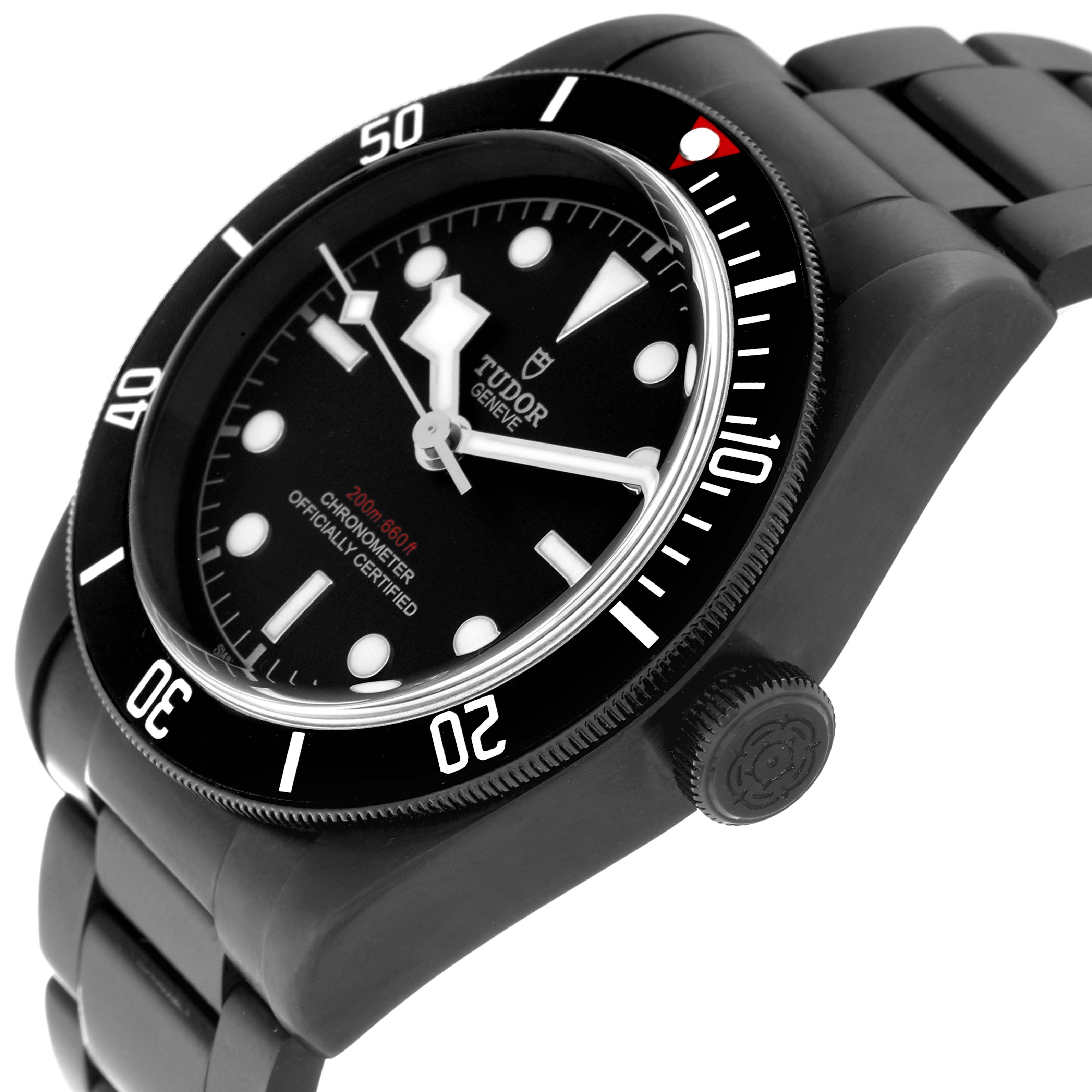 The Tudor Heritage Black Bay 79230DK Men's Stainless Steel Black Dial 79230DK Men's Stainless Steel Black Dial watch is shown at a slight angle, displaying the face, bezel, crown, and part of the bracelet.