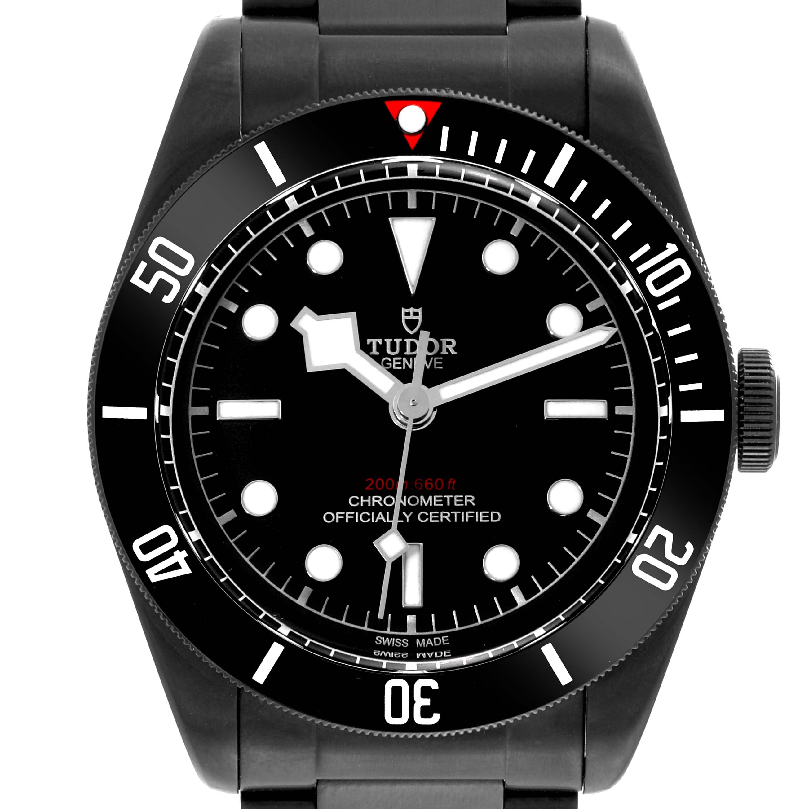 The image shows a front view of the Tudor Heritage Black Bay 79230DK Men's Stainless Steel Black Dial 79230DK Men's Stainless Steel Black Dial watch, highlighting the dial, hands, bezel, and bracelet.