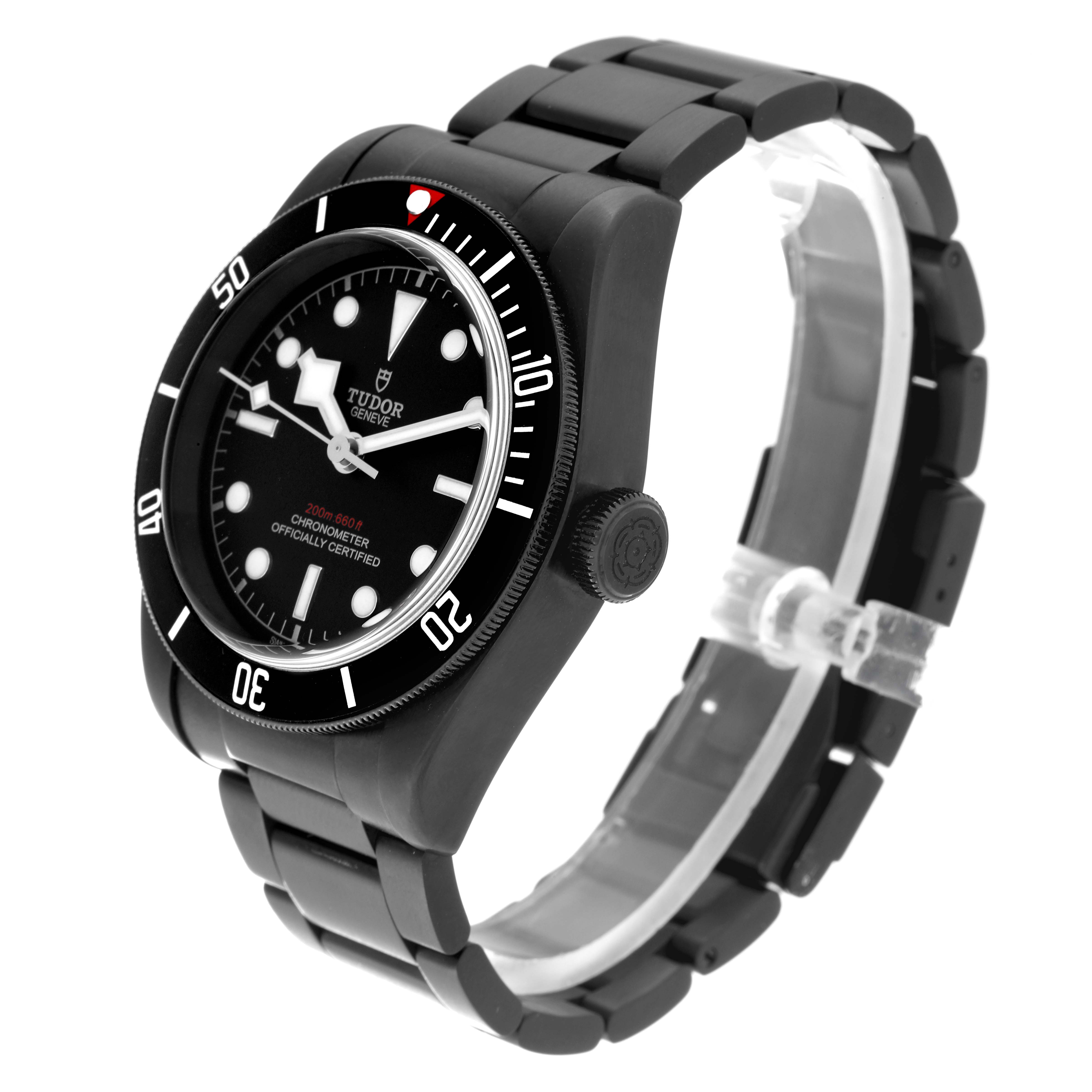 The Tudor Heritage Black Bay 79230DK Men's Stainless Steel Black Dial 79230DK Men's Stainless Steel Black Dial watch is shown at a slight angle, highlighting the bezel, dial, crown, and bracelet.