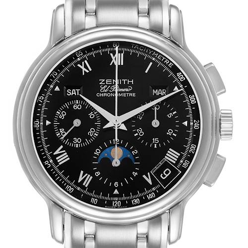 The Zenith El Primero 02.0240.410/21 Men's Stainless Steel Black Dial watch is shown from the front, displaying its black dial, chronograph subdials, date, and moon phase.