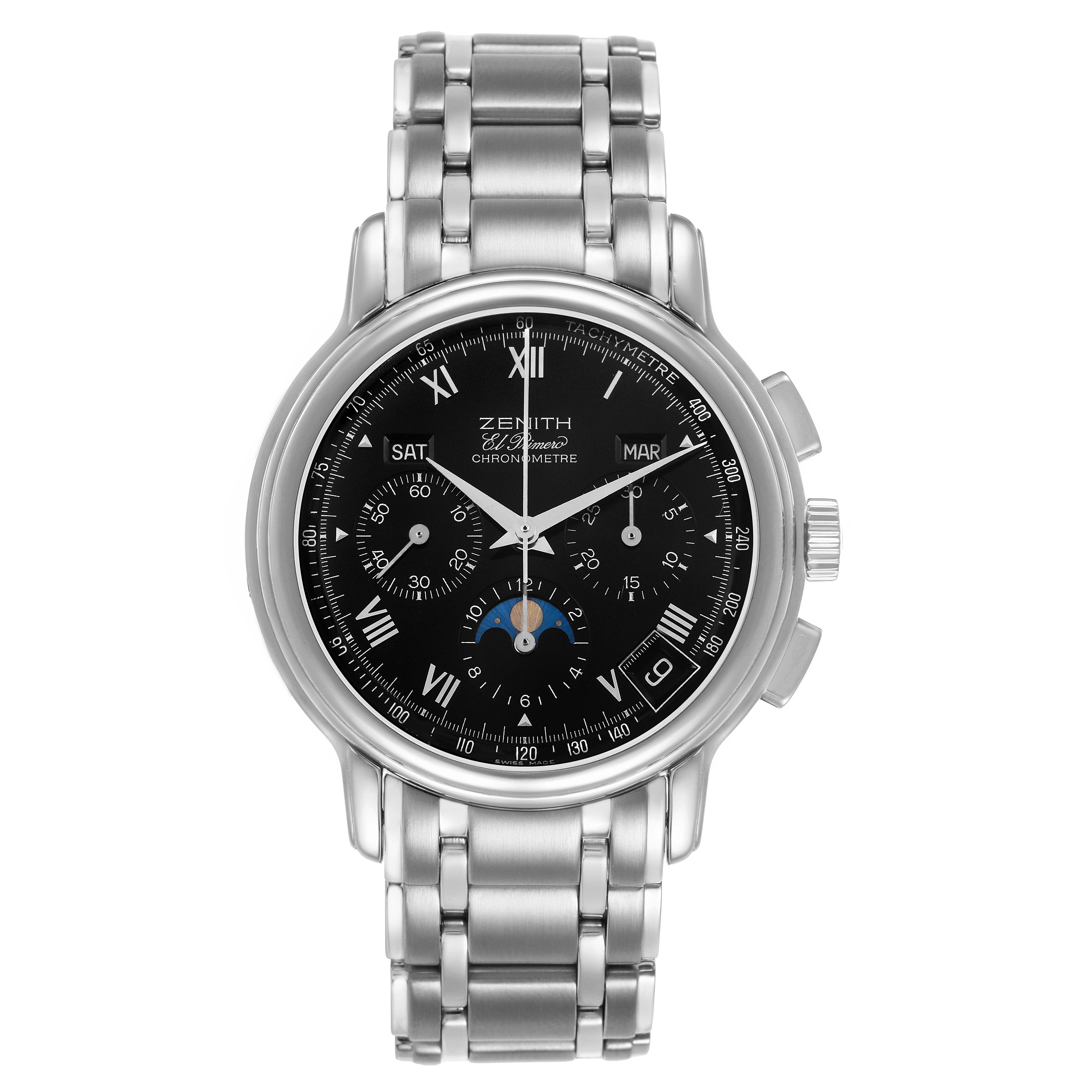 The image shows a front view of the Zenith El Primero 02.0240.410/21 Men's Stainless Steel Black Dial watch, highlighting its face, subdials, and metal bracelet.