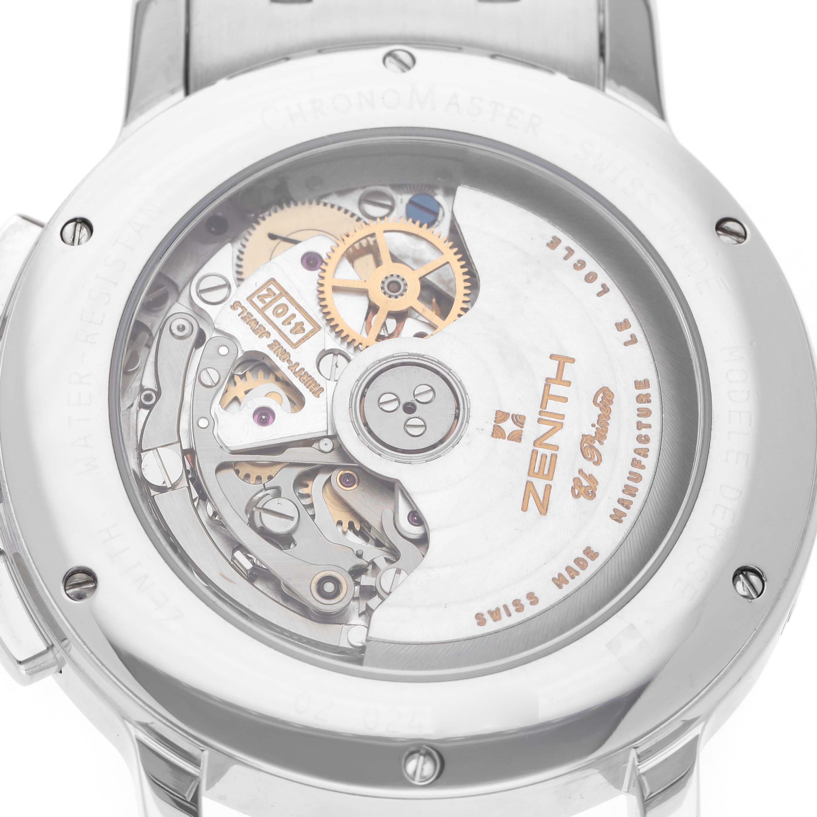 The image shows the case back of the Zenith El Primero 02.0240.410/21 Men's Stainless Steel Black Dial watch, revealing the intricate movement and gears.