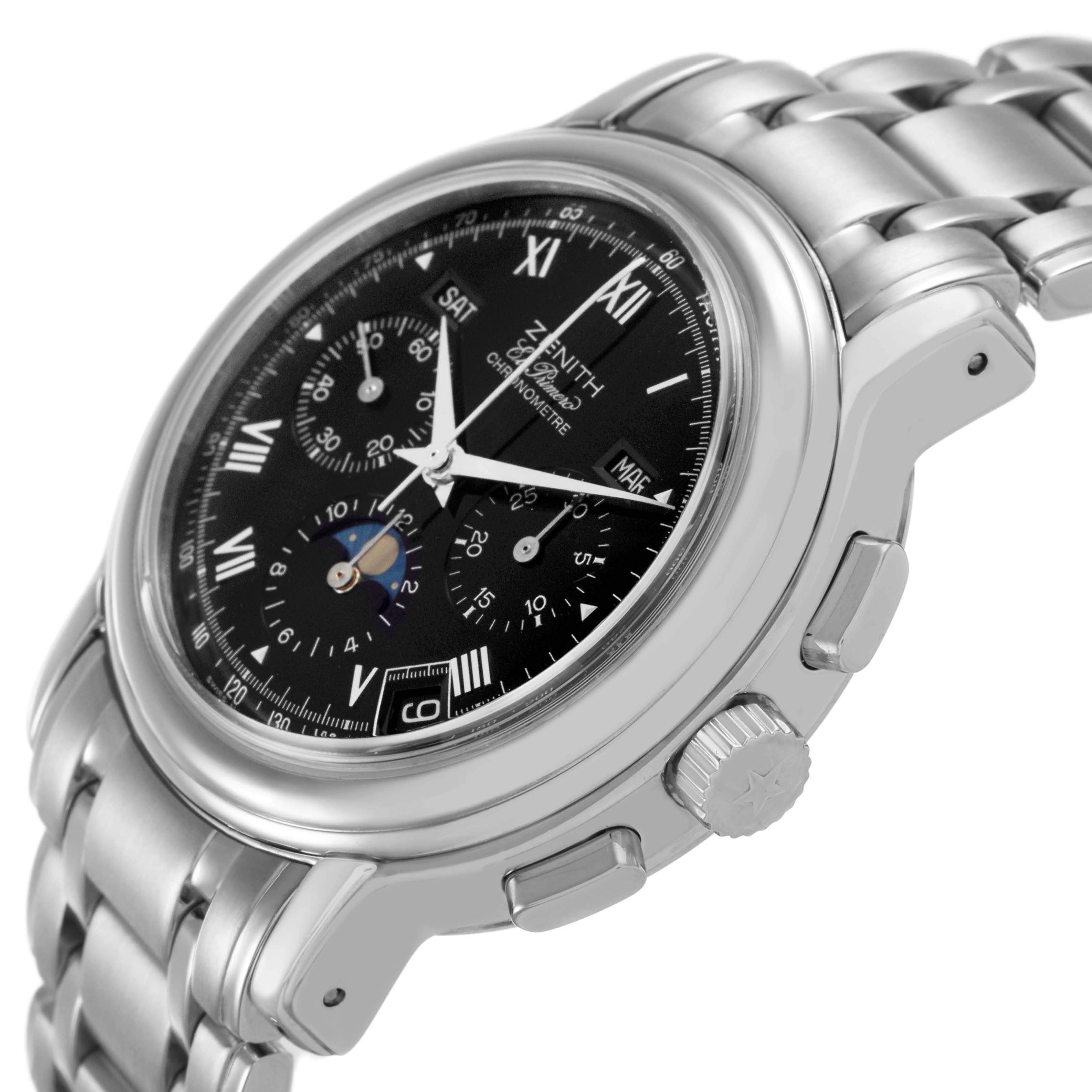 The Zenith El Primero 02.0240.410/21 Men's Stainless Steel Black Dial watch is shown at an angle highlighting the dial, bezel, pushers, and bracelet.