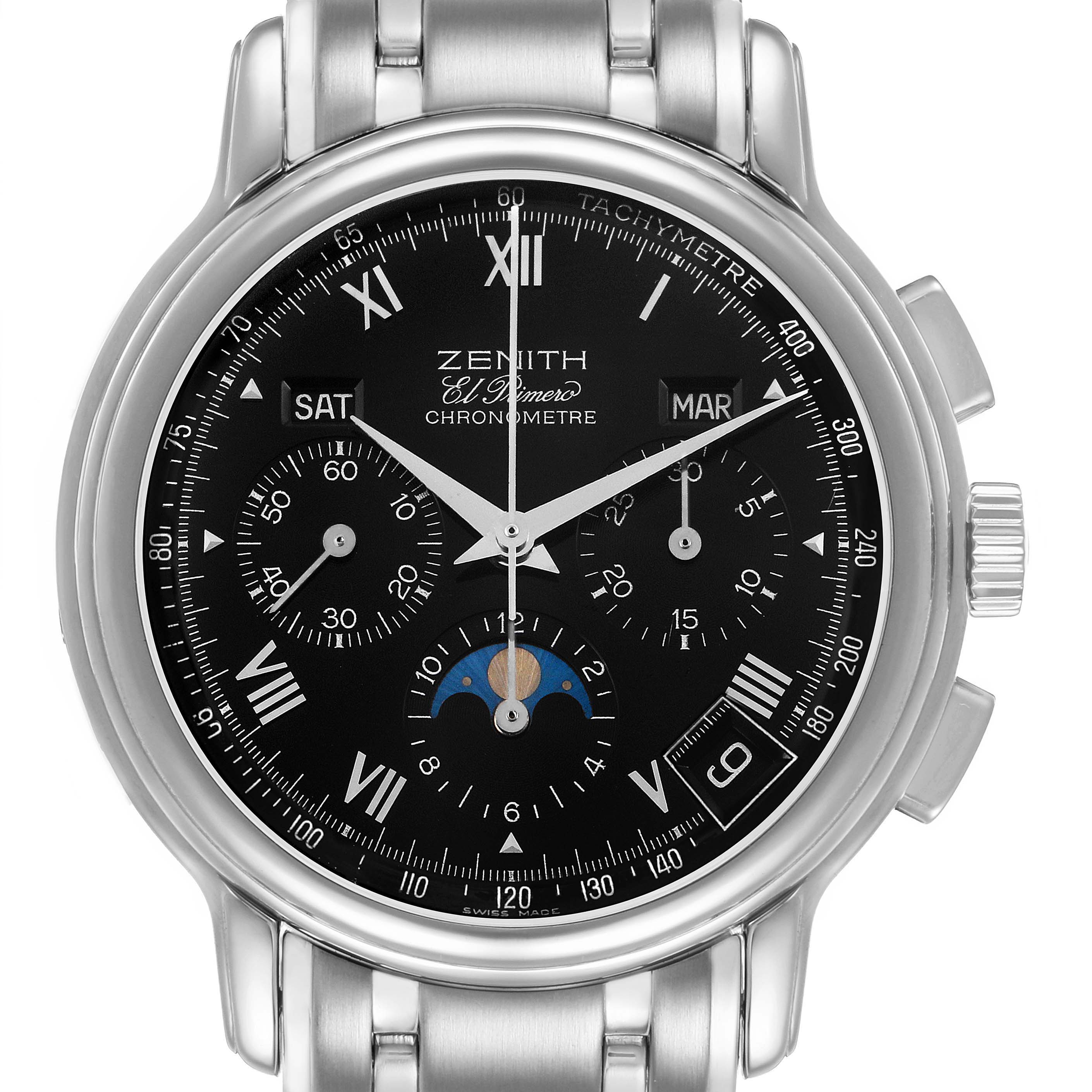 The Zenith El Primero 02.0240.410/21 Men's Stainless Steel Black Dial watch is shown from a front angle, displaying its black dial, subdials, and stainless steel bracelet.