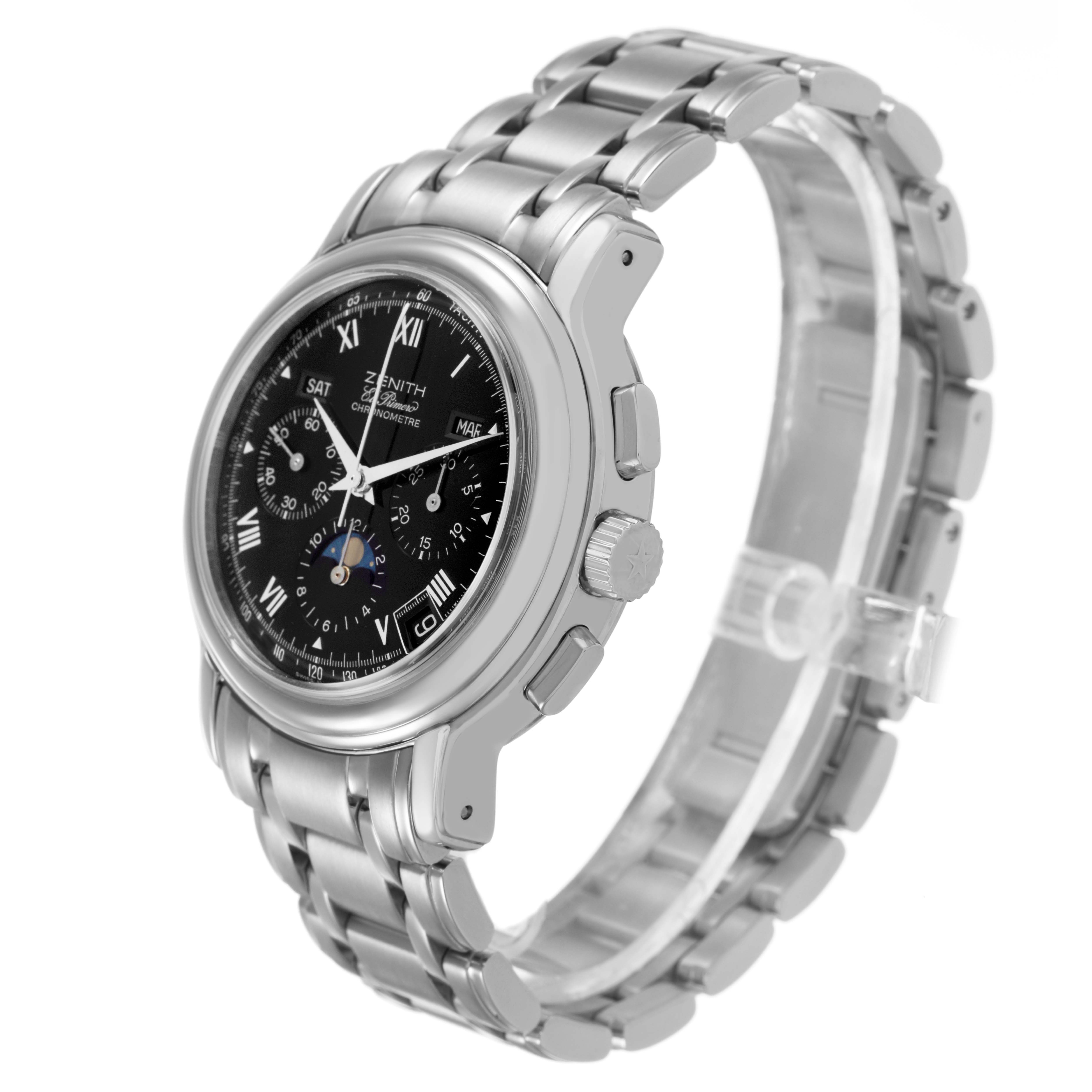 The Zenith El Primero 02.0240.410/21 Men's Stainless Steel Black Dial watch is shown at a three-quarter angle, highlighting the dial, bezel, crown, and metal bracelet.