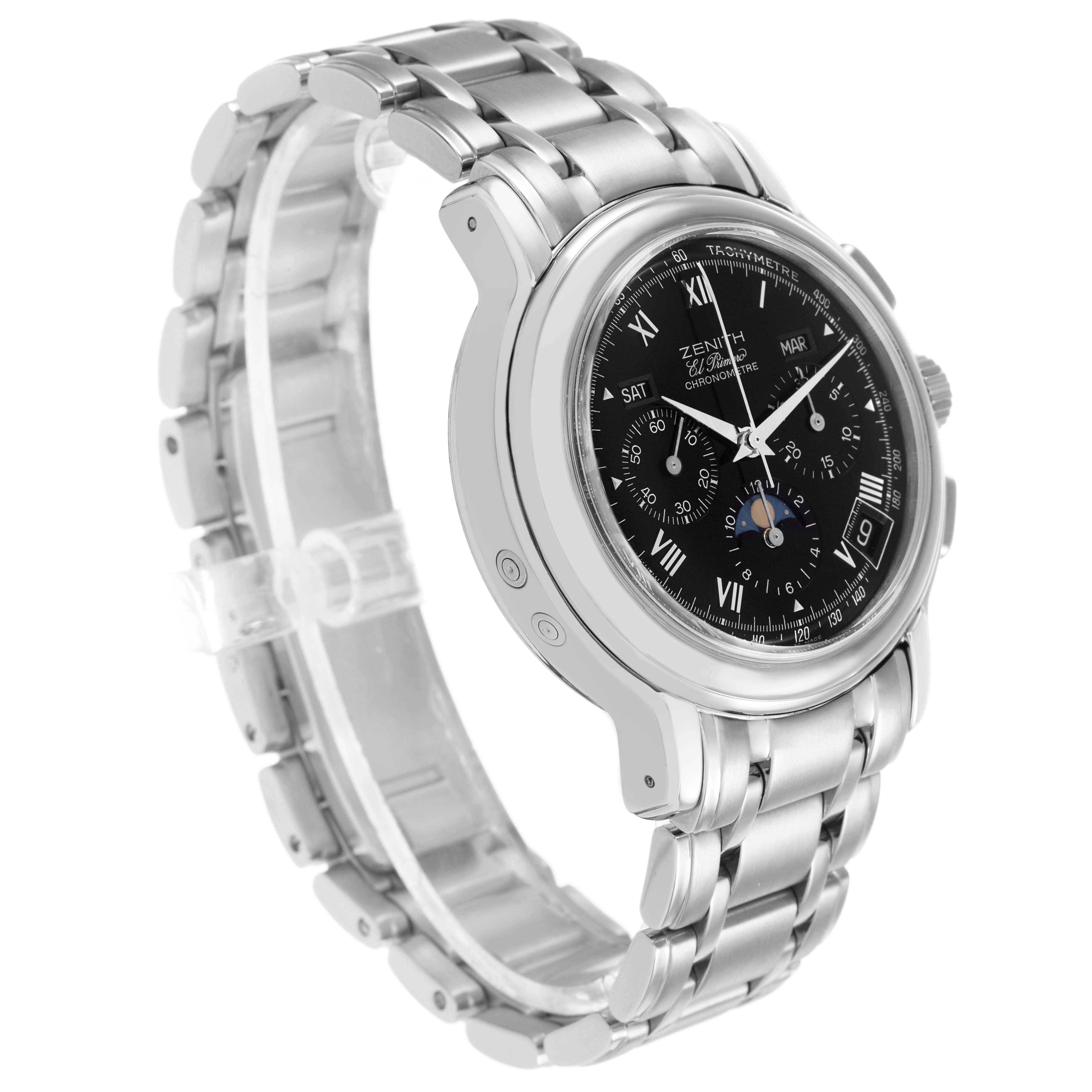 The Zenith El Primero 02.0240.410/21 Men's Stainless Steel Black Dial watch is shown at a three-quarter angle, highlighting its face and metallic bracelet.