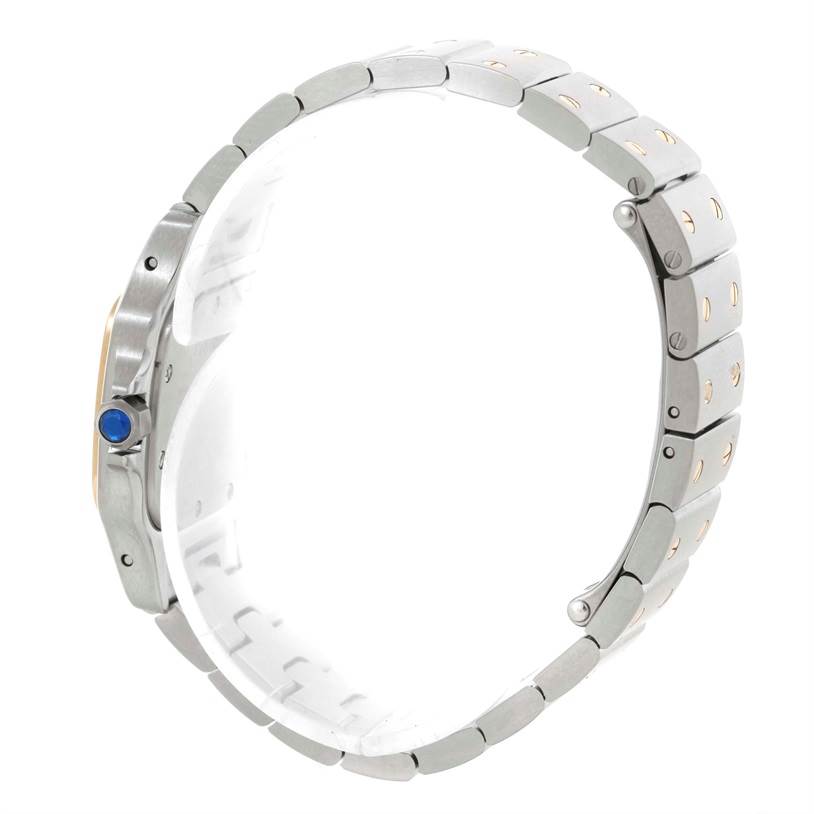 The image shows a side view of a Santos model Cartier watch, highlighting the bracelet and crown.
