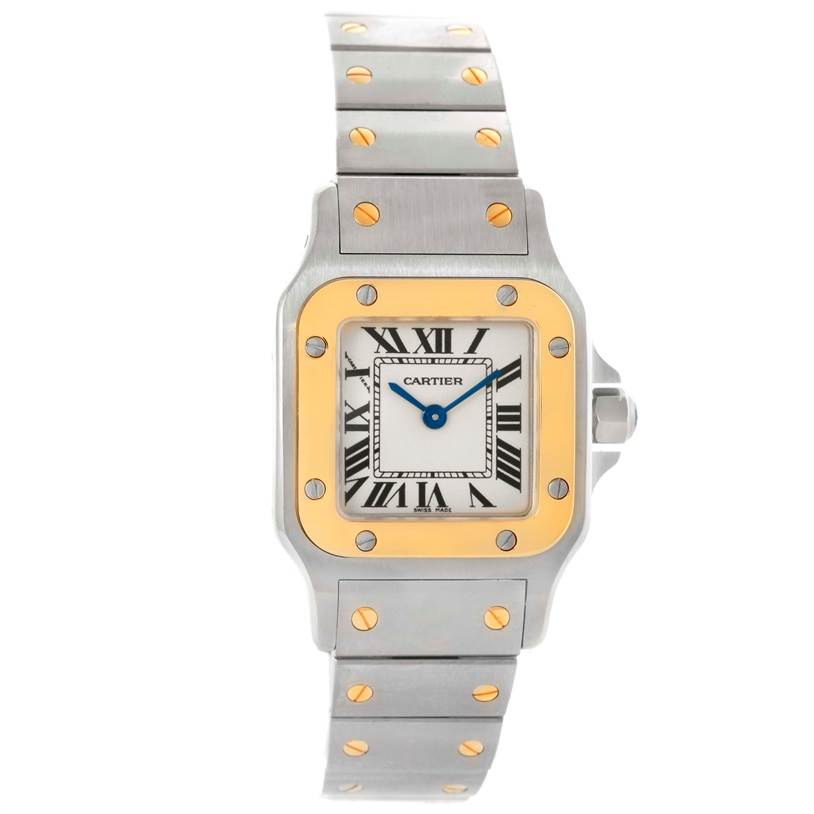 This image shows a front view of a Cartier Santos W20012C4 Women
s Stainless Steel Silver Dial W20012C4 Women
s Stainless Steel Silver Dial watch, displaying its dial, bezel, and bracelet.