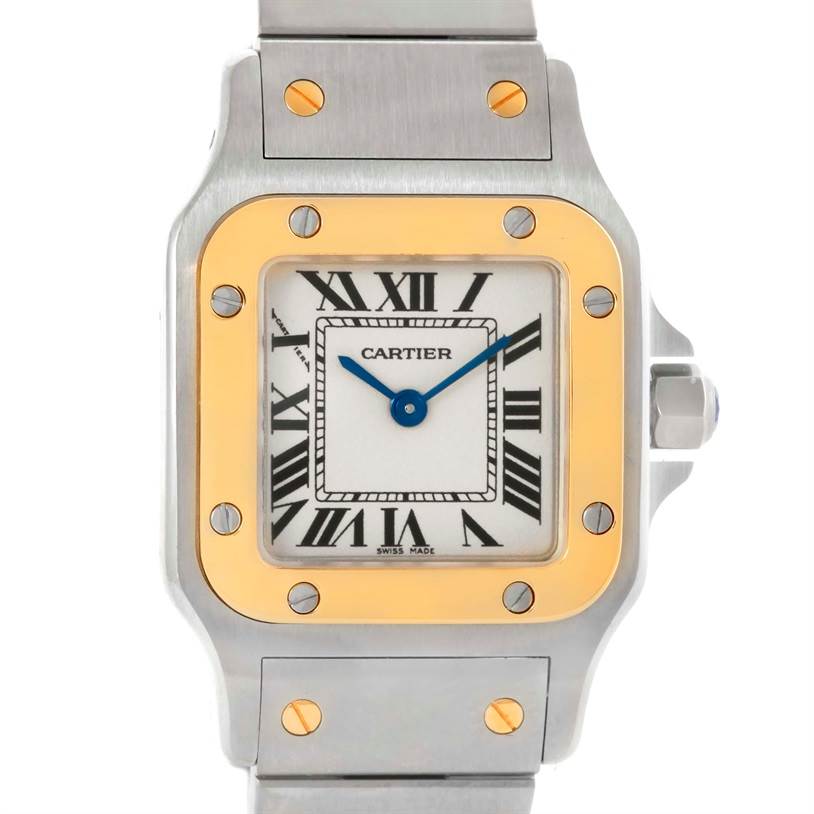 The image shows a close-up of the dial, bezel, and part of the bracelet of a Cartier Santos W20012C4 Women
s Stainless Steel Silver Dial W20012C4 Women
s Stainless Steel Silver Dial watch.