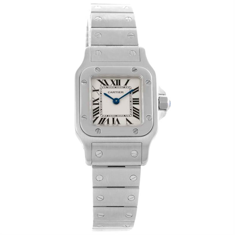 The image shows a front view of the Cartier Santos W20056D6 Women
s Stainless Steel Silver Dial W20056D6 Women
s Stainless Steel Silver Dial watch, featuring its bracelet and Roman numeral dial.
