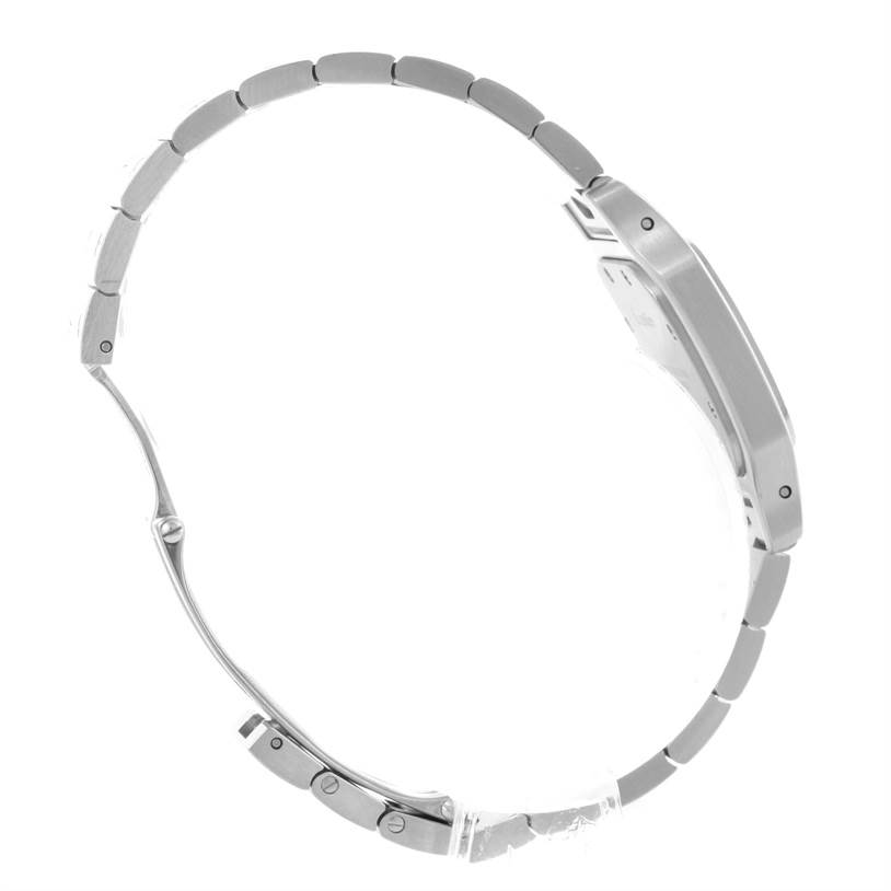 The image shows a side view of the Santos de Cartier watch, highlighting the bracelet and case profile.