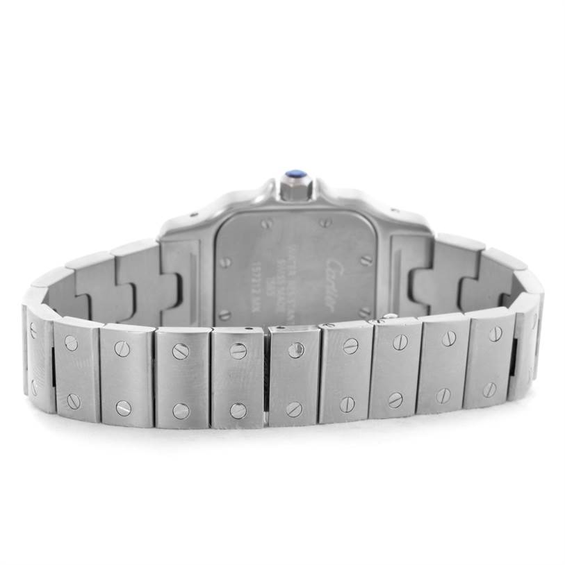 This image shows the back view and stainless steel bracelet of a Santos model watch by Cartier.