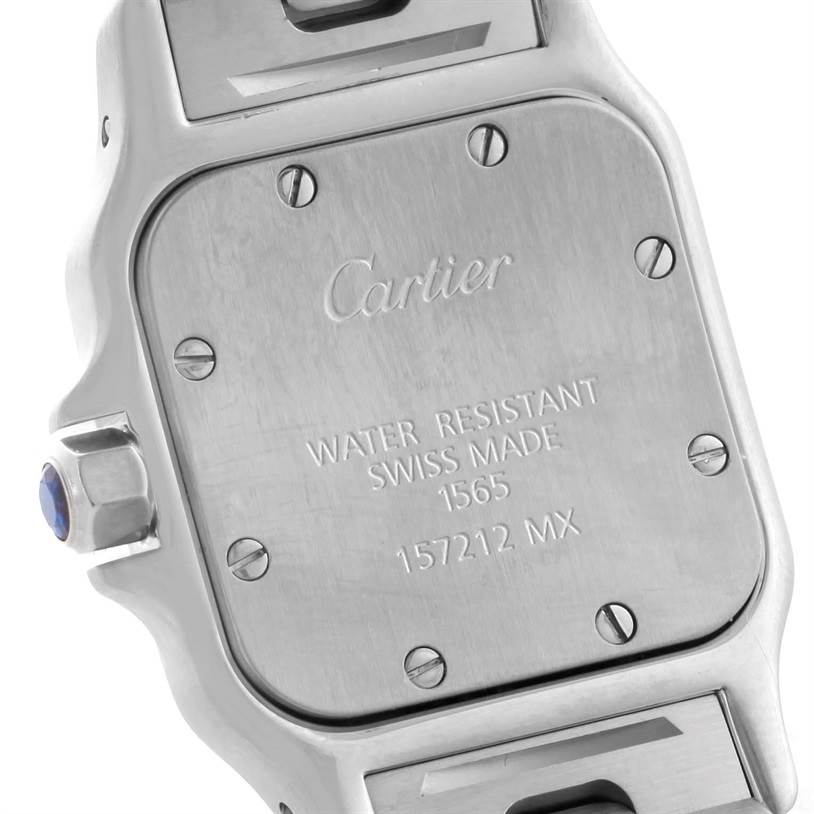 The image shows the back case and part of the bracelet of a Cartier Santos W20056D6 Women
s Stainless Steel Silver Dial W20056D6 Women
s Stainless Steel Silver Dial watch.