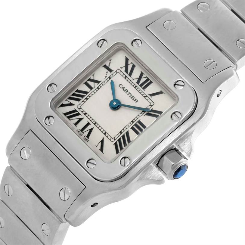 The image shows a close-up, angled view of the Cartier Santos W20056D6 Women
s Stainless Steel Silver Dial W20056D6 Women
s Stainless Steel Silver Dial watch, highlighting the face, bezel, crown, and part of the bracelet.