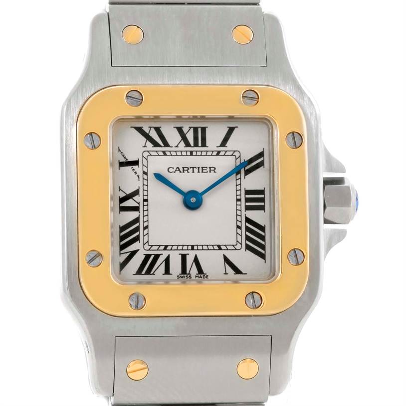 This image shows a frontal view of the Cartier Santos W20012C4 Women
s Stainless Steel Silver Dial W20012C4 Women
s Stainless Steel Silver Dial watch, highlighting its square face, Roman numerals, and two-tone bezel.