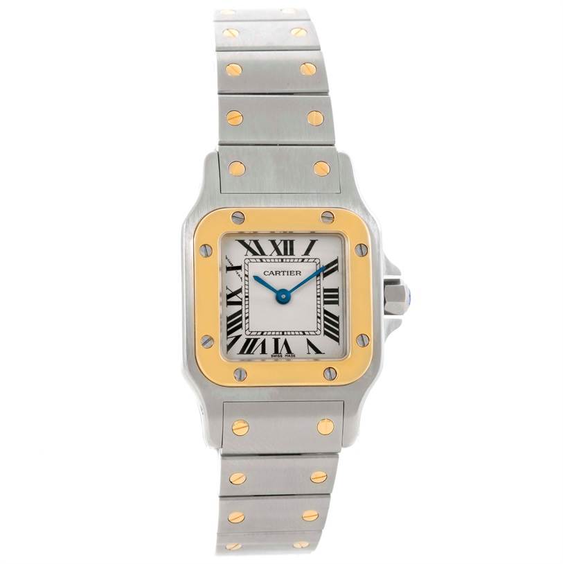 The image shows a front view of a Santos model watch by Cartier, highlighting the dial, bracelet, and bezel.