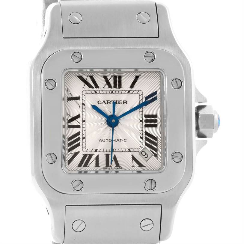 This image shows a front view of the Cartier Santos W20054D6 Women
s Stainless Steel Silver Dial W20054D6 Women
s Stainless Steel Silver Dial watch, highlighting the dial, case, and part of the bracelet.