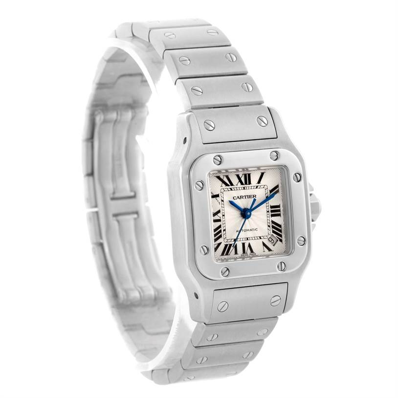 This image shows a diagonal angle of the Santos model watch by Cartier, highlighting the face and metal band.