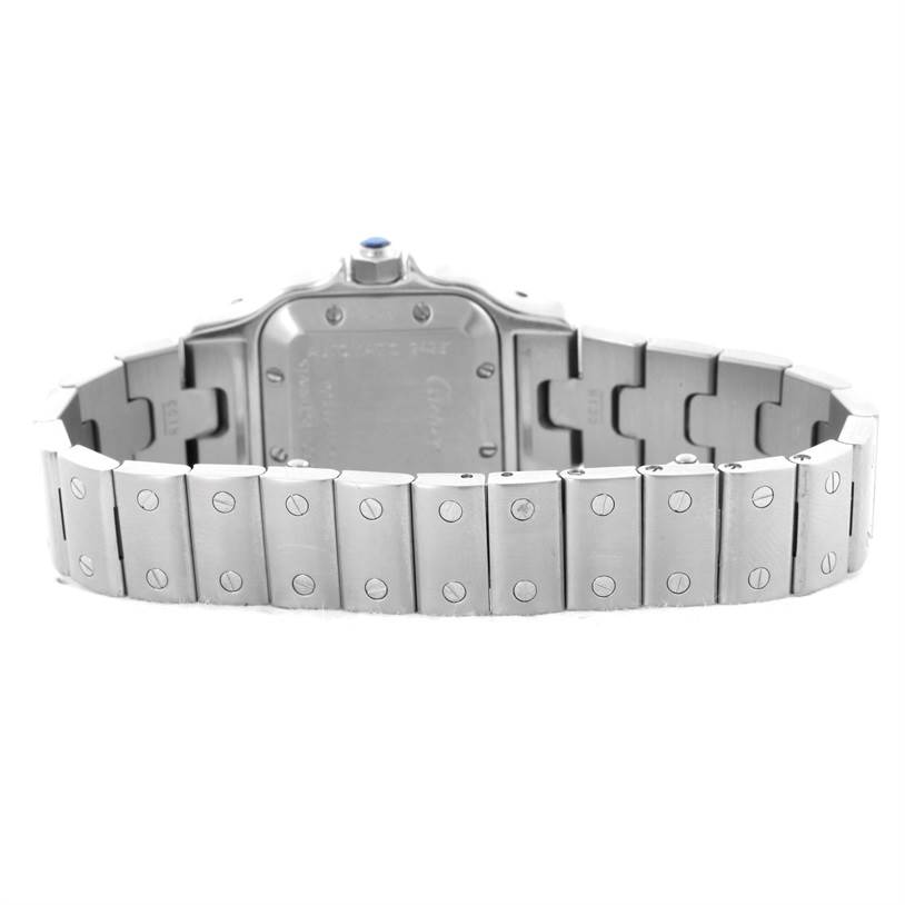 This image shows the back and bracelet of a Santos model watch by Cartier.