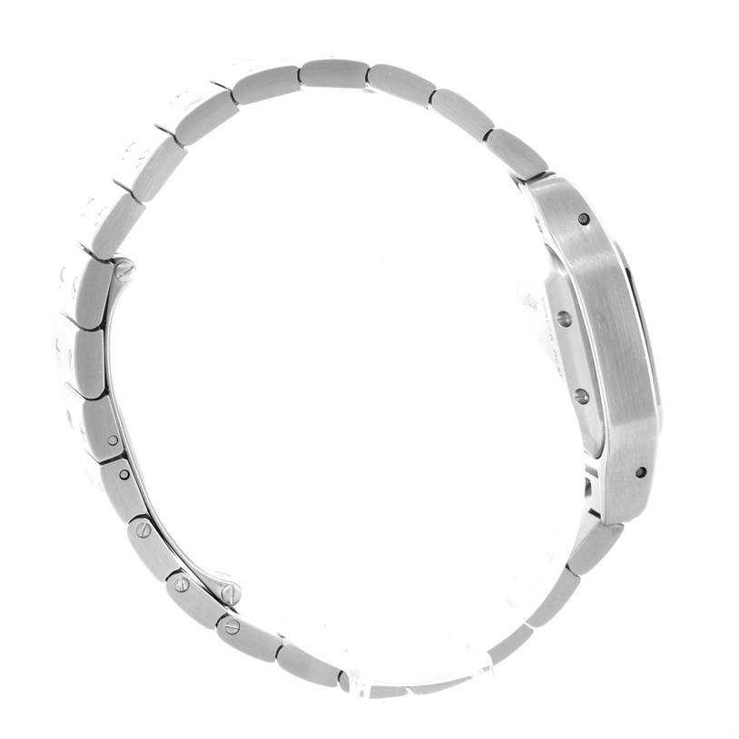 The image shows a side profile view of the Santos model watch by Cartier, highlighting its bracelet and case.