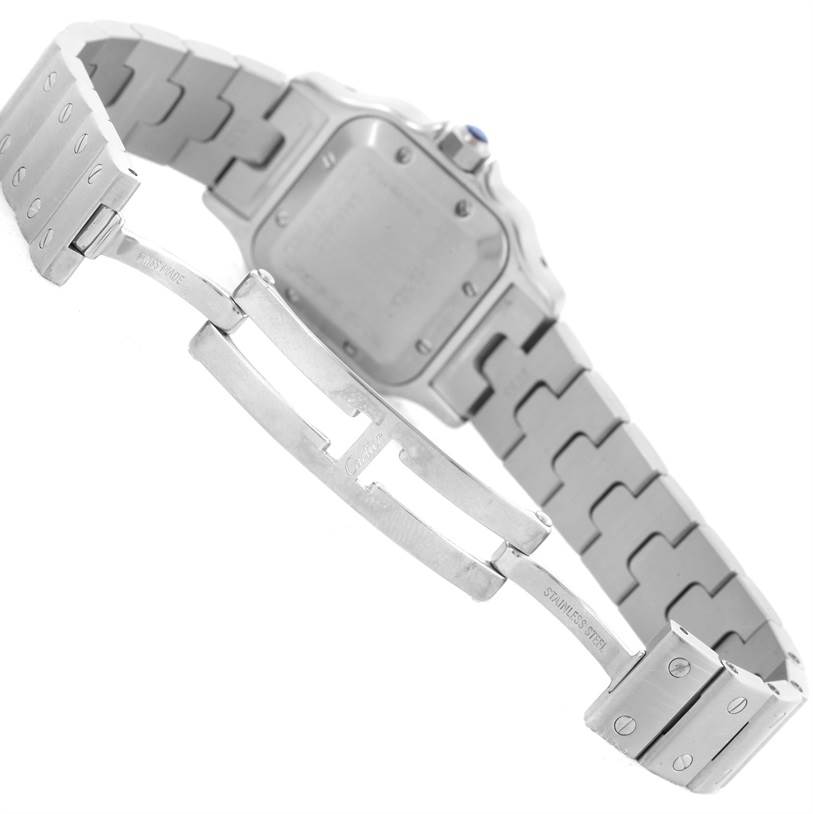 This image shows the back view and open clasp of a Cartier Santos W20054D6 Women
s Stainless Steel Silver Dial W20054D6 Women
s Stainless Steel Silver Dial watch with a stainless steel bracelet.