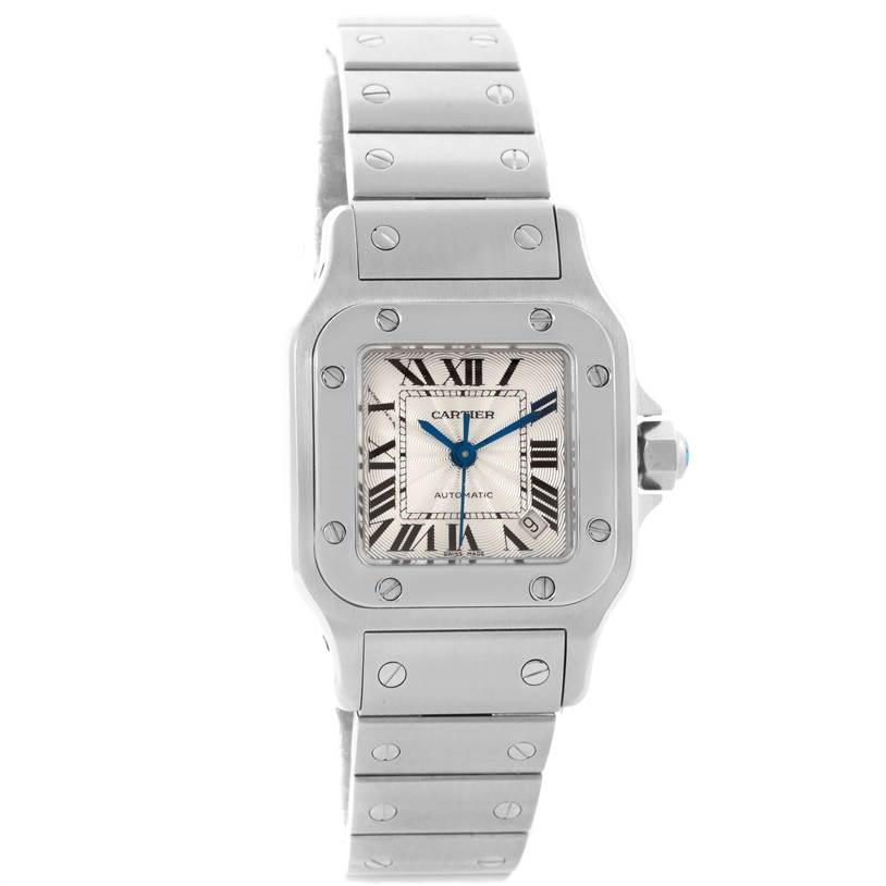 The image shows a front view of the Cartier Santos W20054D6 Women
s Stainless Steel Silver Dial W20054D6 Women
s Stainless Steel Silver Dial watch, highlighting its square face, Roman numerals, and stainless steel bracelet.