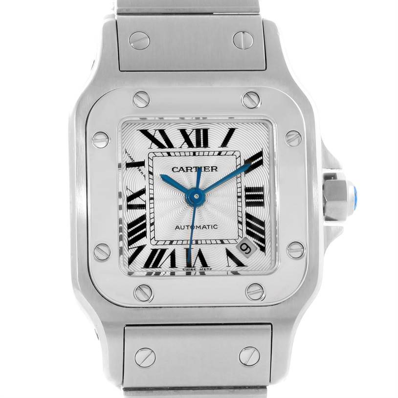 This image shows a close-up front view of the dial and part of the bracelet of a Cartier Santos W20054D6 Women
s Stainless Steel Silver Dial W20054D6 Women
s Stainless Steel Silver Dial watch.